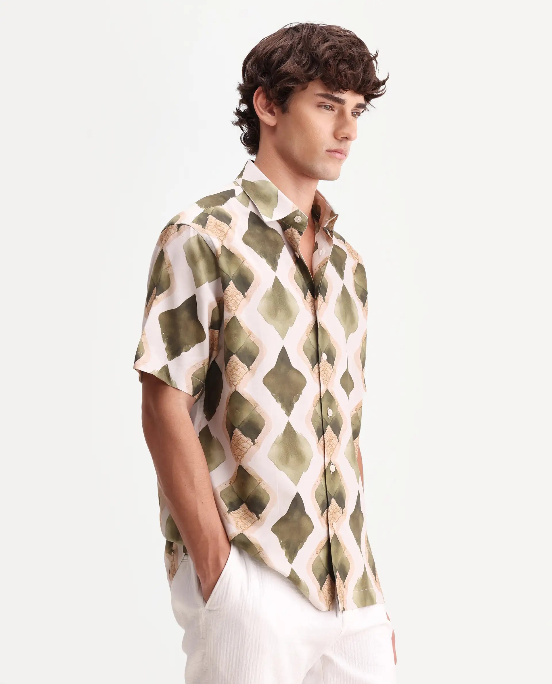 Rare Rabbit Men's Zeken Beige Cotton Blend Fabric Half Sleeve Regular Fit Geometric Print Shirt