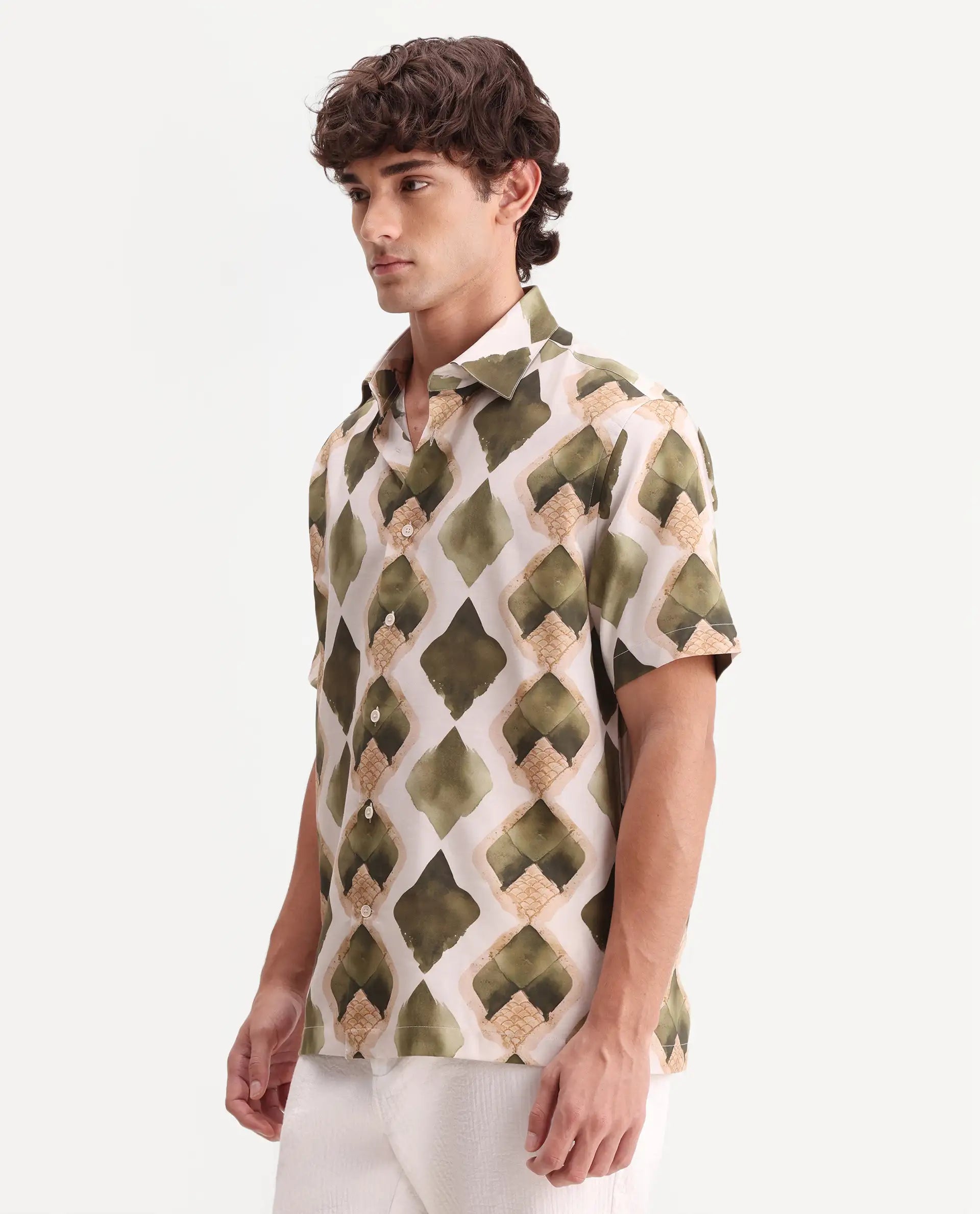 Rare Rabbit Men's Zeken Beige Cotton Blend Fabric Half Sleeve Regular Fit Geometric Print Shirt