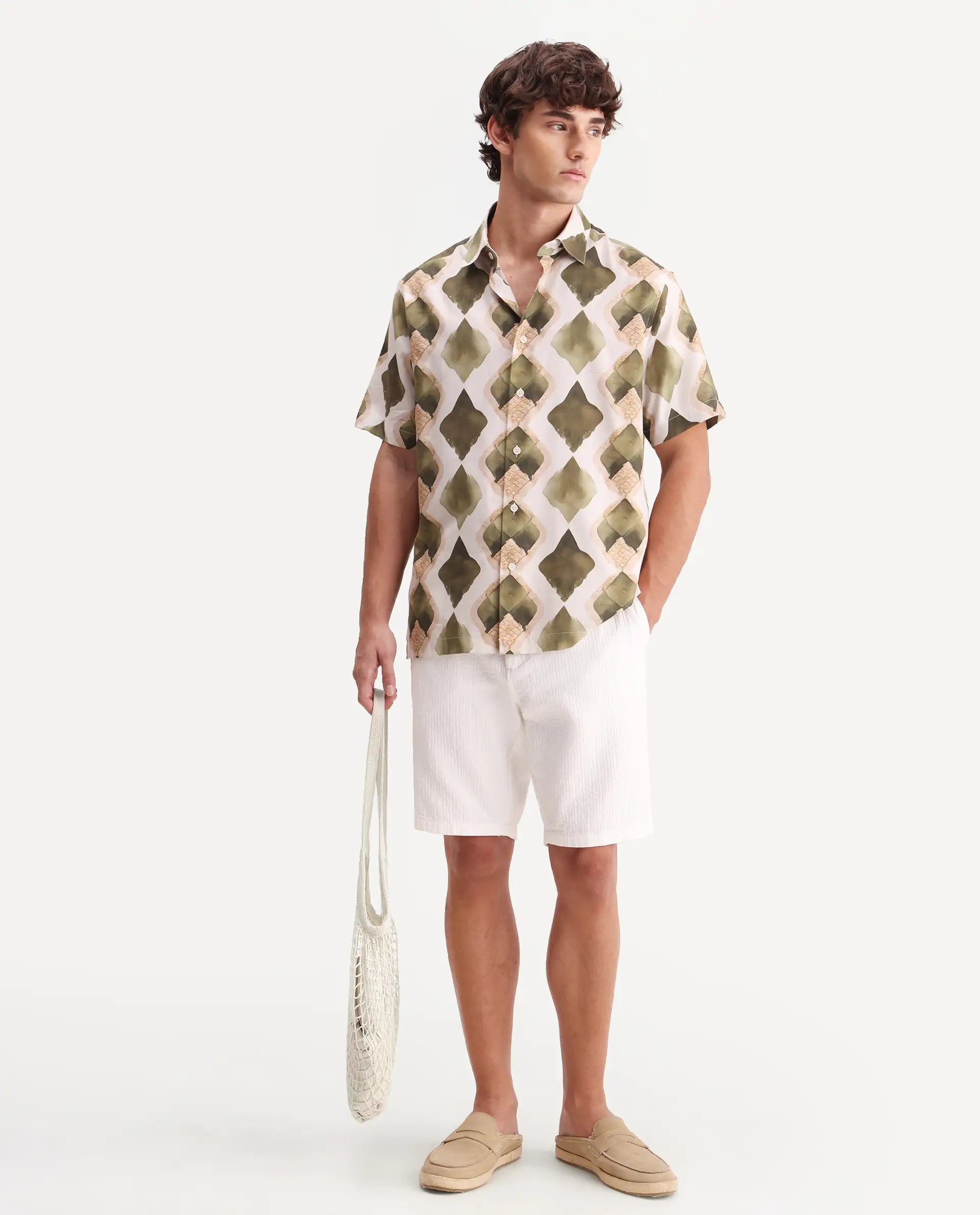 Rare Rabbit Men's Zeken Beige Cotton Blend Fabric Half Sleeve Regular Fit Geometric Print Shirt