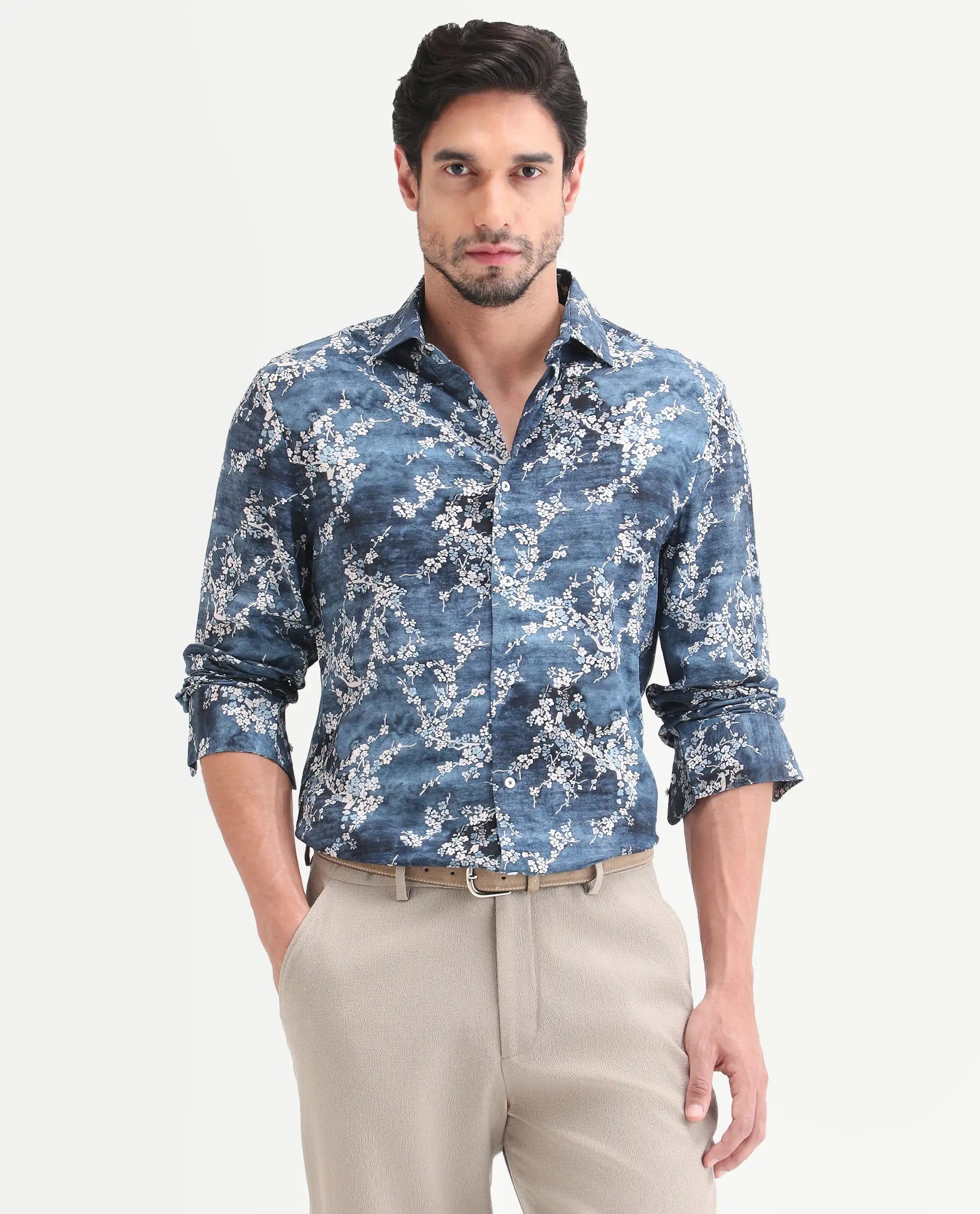 Rare Rabbit Men's Greyt Blue Viscose Fabric Full Sleeve Regular Fit Floral Print Shirt