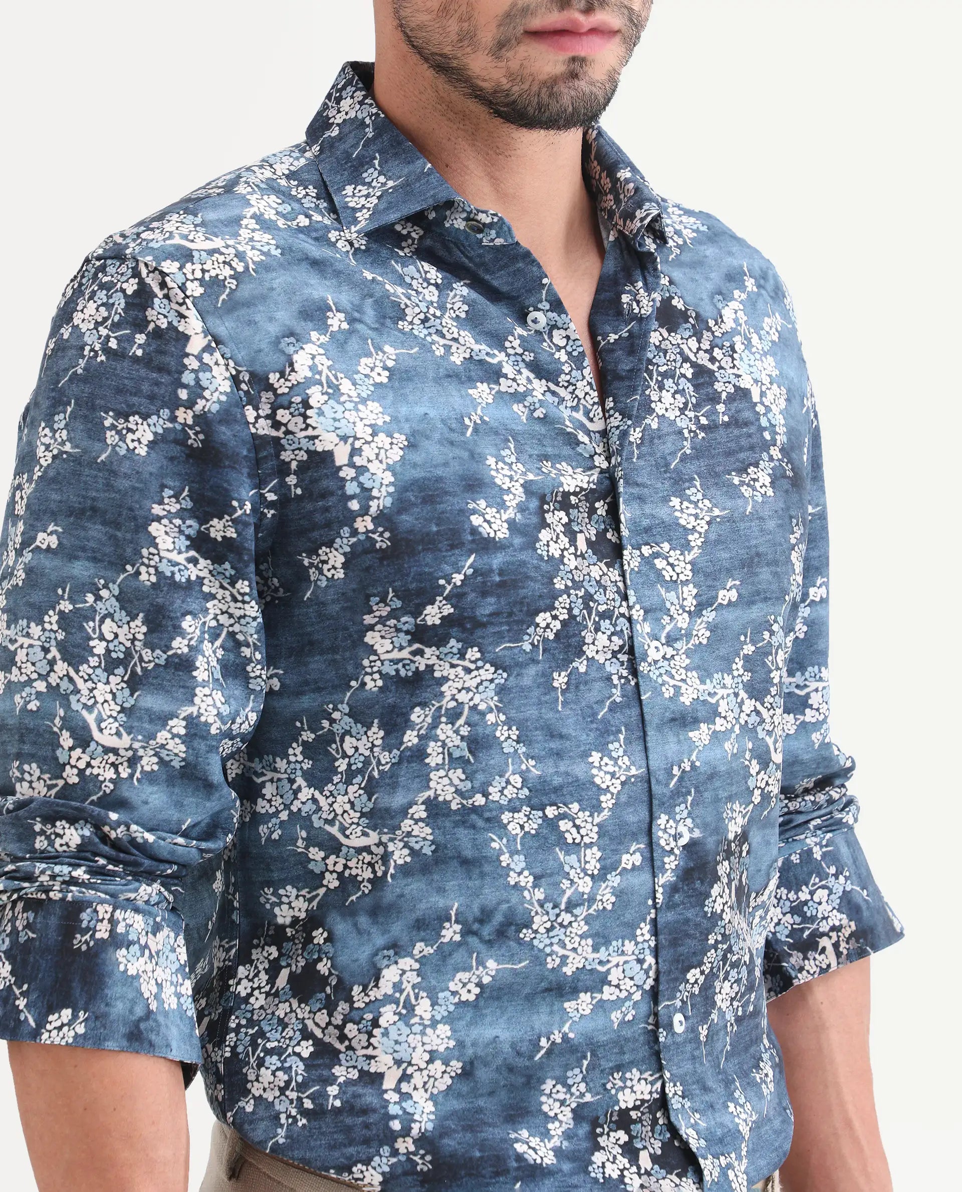Rare Rabbit Men's Greyt Blue Viscose Fabric Full Sleeve Regular Fit Floral Print Shirt