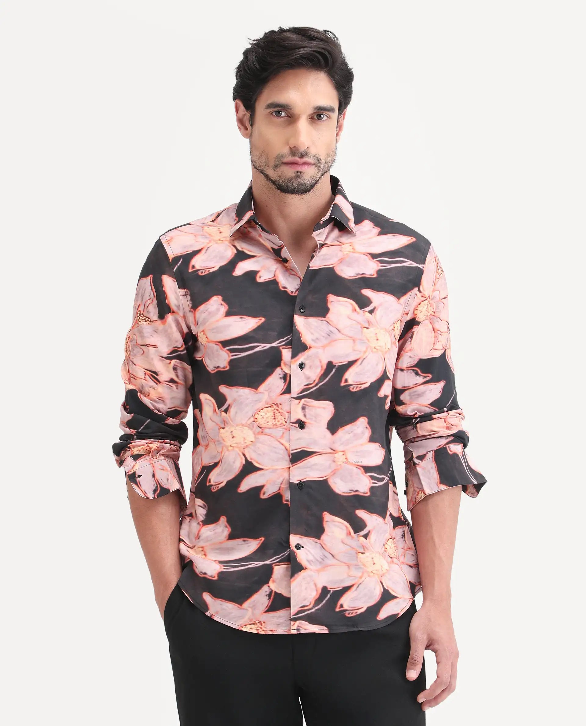 Rare Rabbit Men's Amra Black Viscose Fabric Full Sleeve Regular Fit Floral Print Shirt