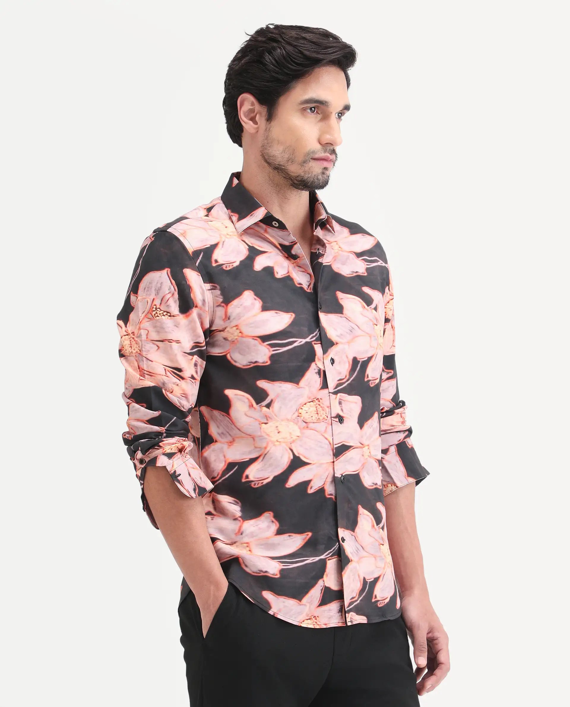 Rare Rabbit Men's Amra Black Viscose Fabric Full Sleeve Regular Fit Floral Print Shirt