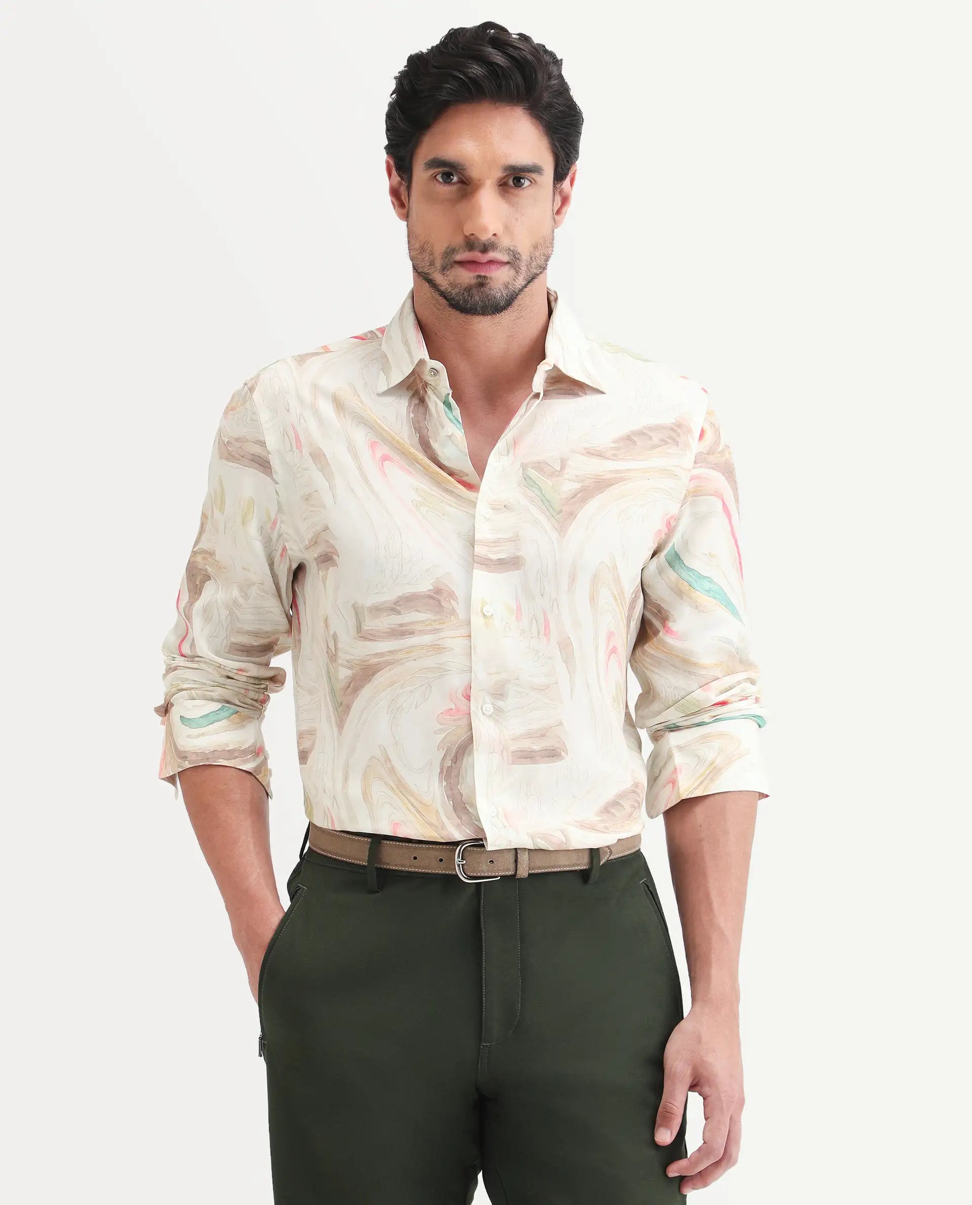 Rare Rabbit Men's Lurk Off White Viscose Fabric Full Sleeve Regular Fit Abstract Print Shirt