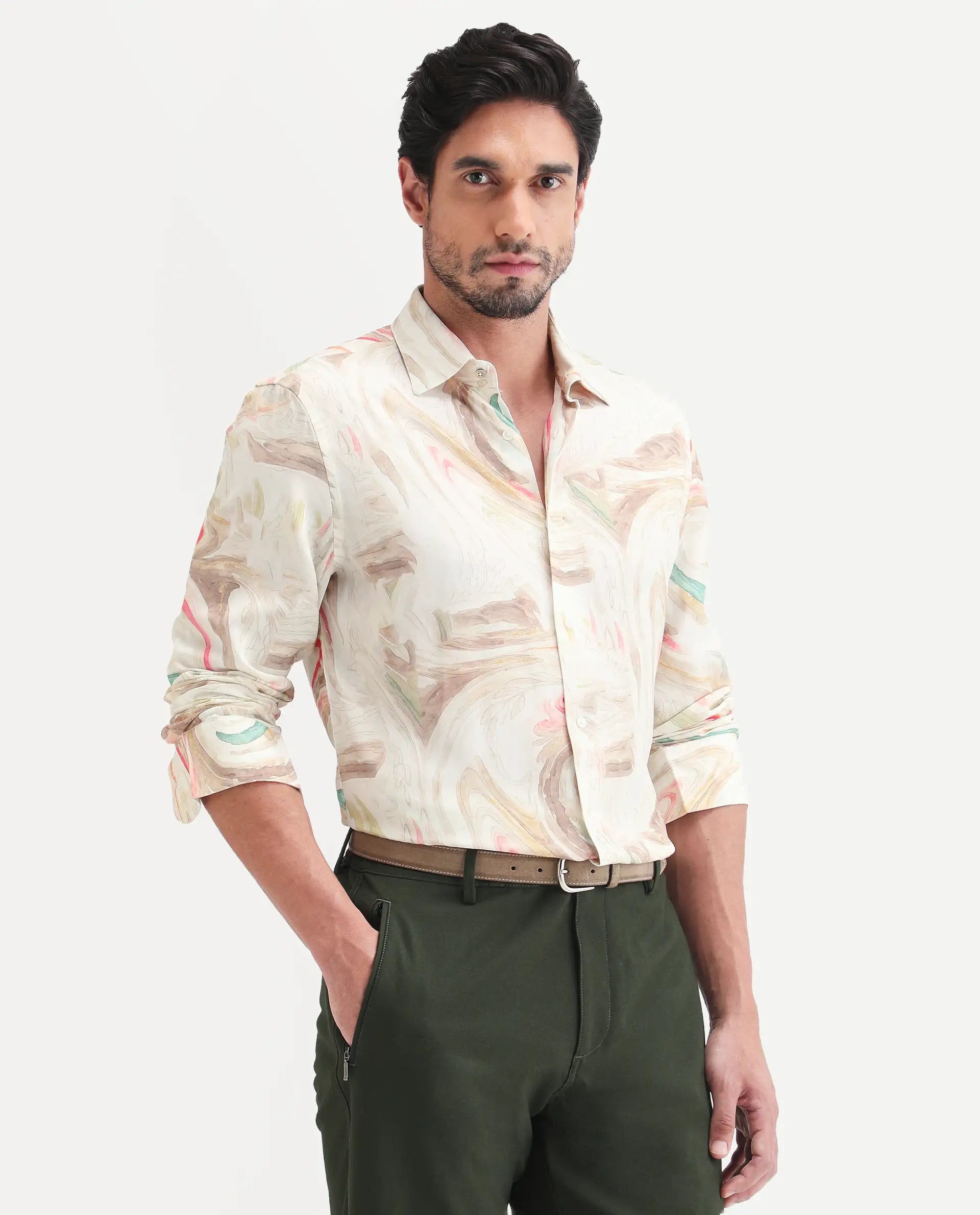 Rare Rabbit Men's Lurk Off White Viscose Fabric Full Sleeve Regular Fit Abstract Print Shirt
