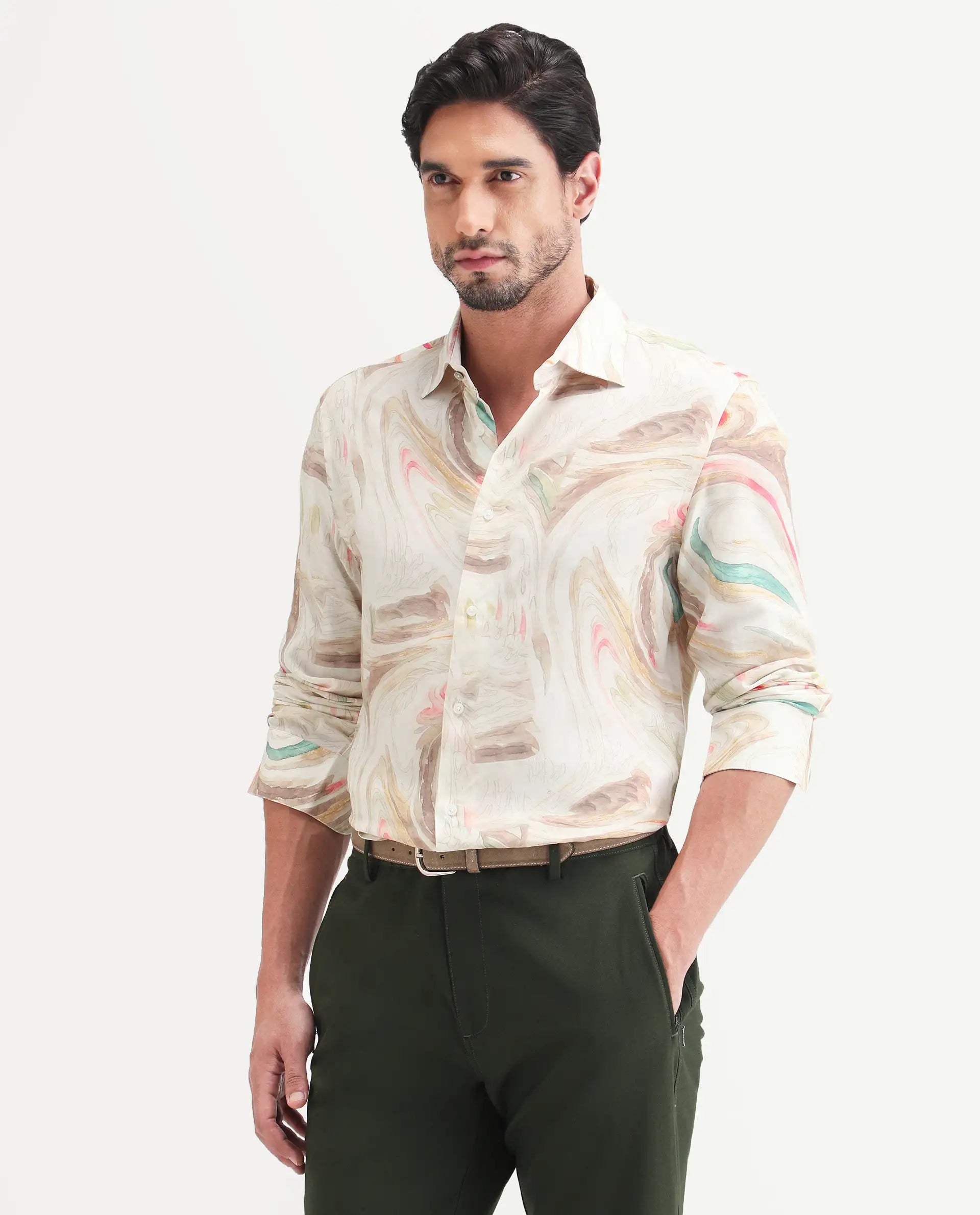 Rare Rabbit Men's Lurk Off White Viscose Fabric Full Sleeve Regular Fit Abstract Print Shirt