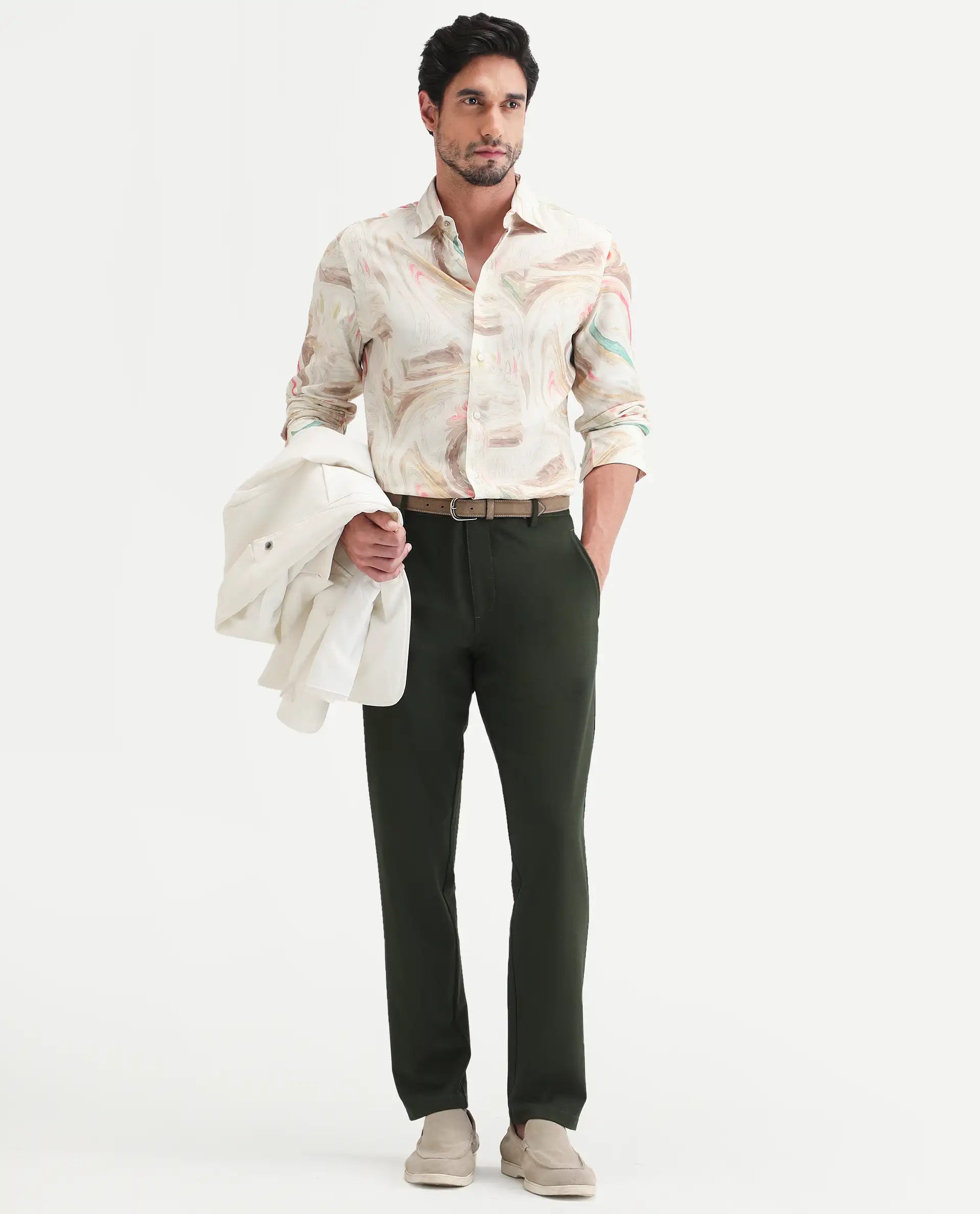 Rare Rabbit Men's Lurk Off White Viscose Fabric Full Sleeve Regular Fit Abstract Print Shirt