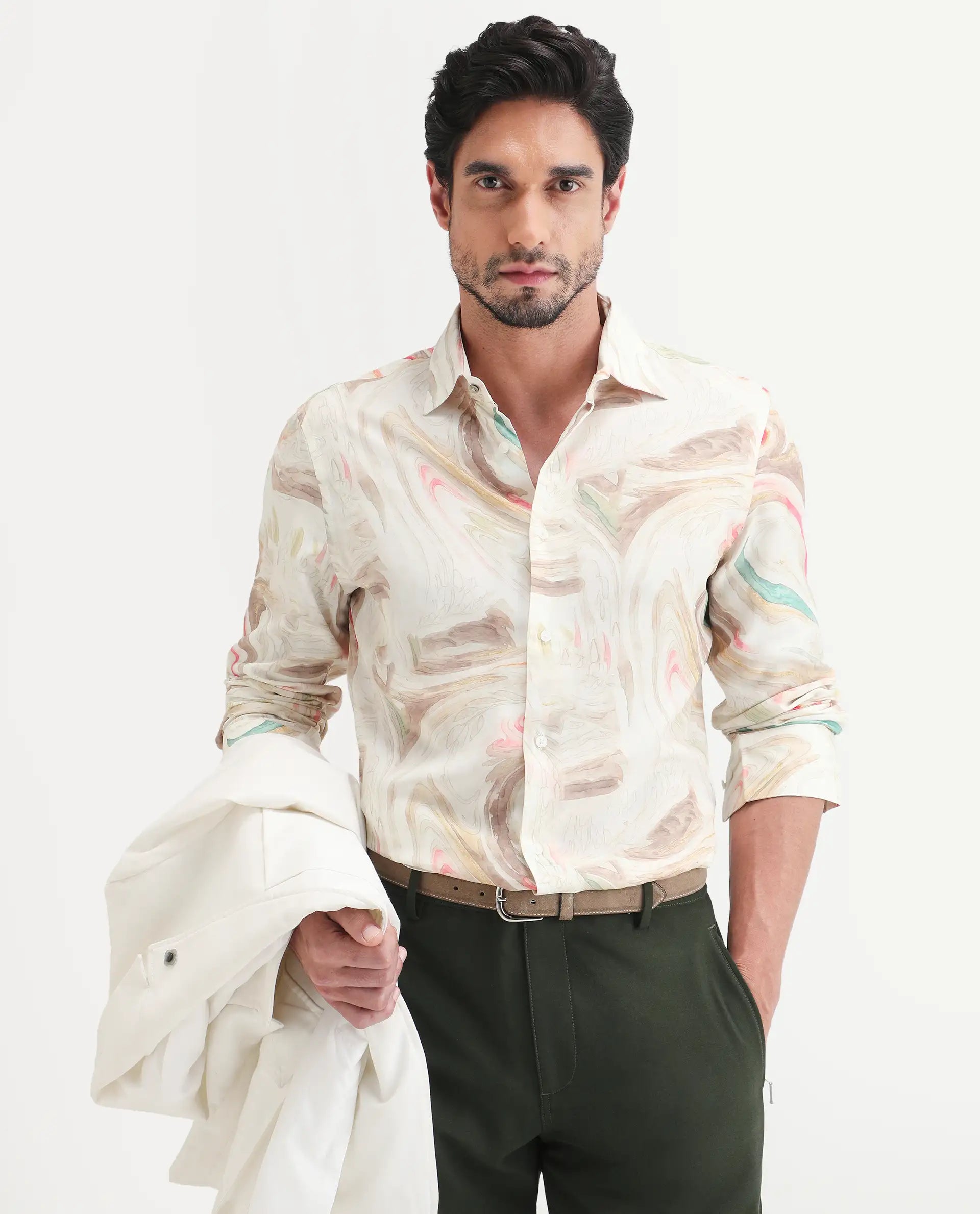 Rare Rabbit Men's Lurk Off White Viscose Fabric Full Sleeve Regular Fit Abstract Print Shirt