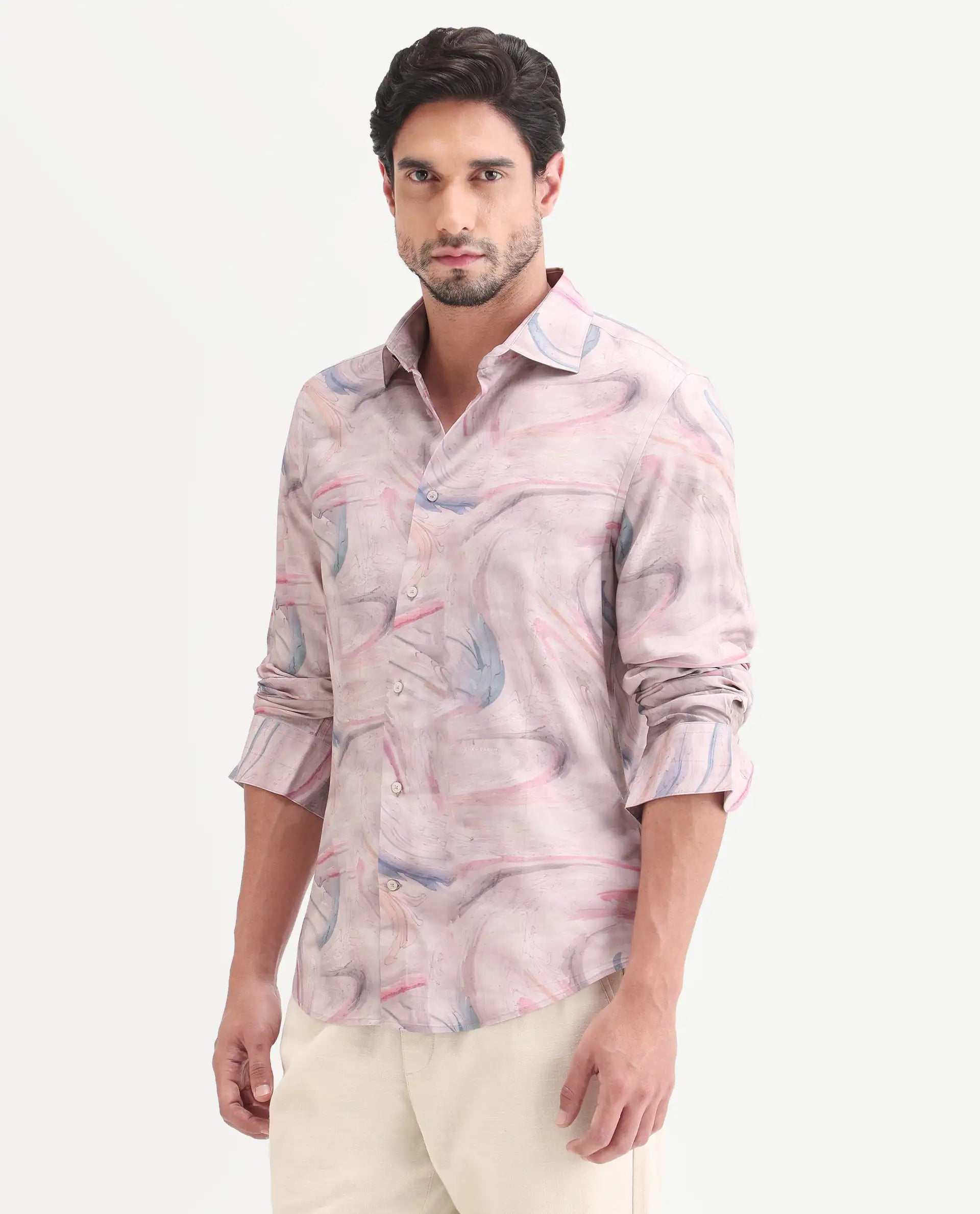 Rare Rabbit Men's Lurk Pink Viscose Fabric Full Sleeve Regular Fit Abstract Print Shirt