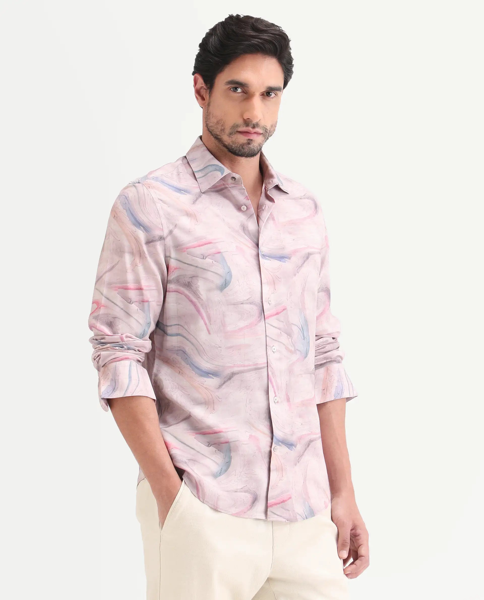 Rare Rabbit Men's Lurk Pink Viscose Fabric Full Sleeve Regular Fit Abstract Print Shirt