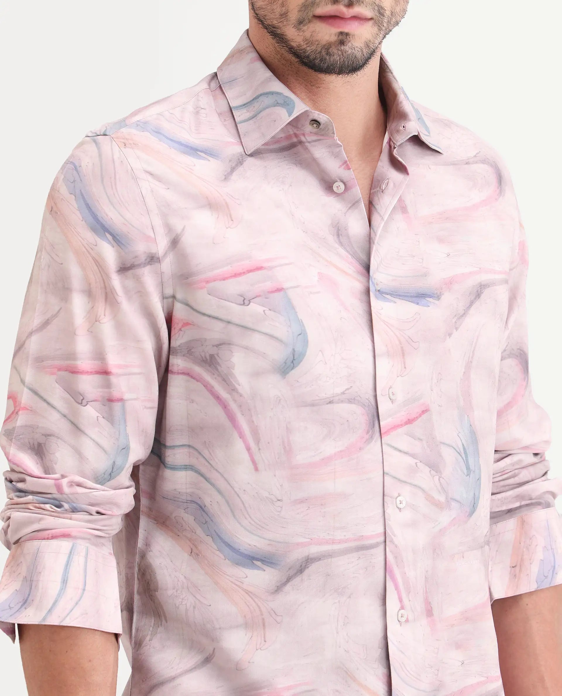 Rare Rabbit Men's Lurk Pink Viscose Fabric Full Sleeve Regular Fit Abstract Print Shirt