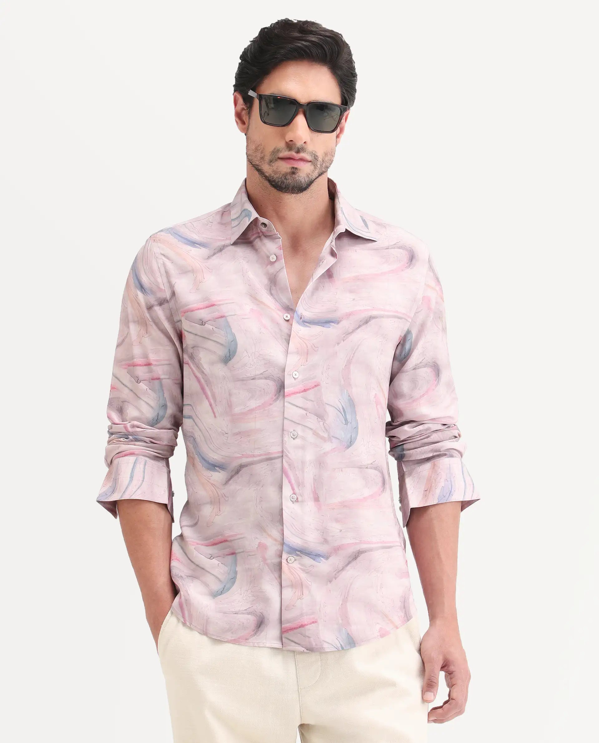 Rare Rabbit Men's Lurk Pink Viscose Fabric Full Sleeve Regular Fit Abstract Print Shirt