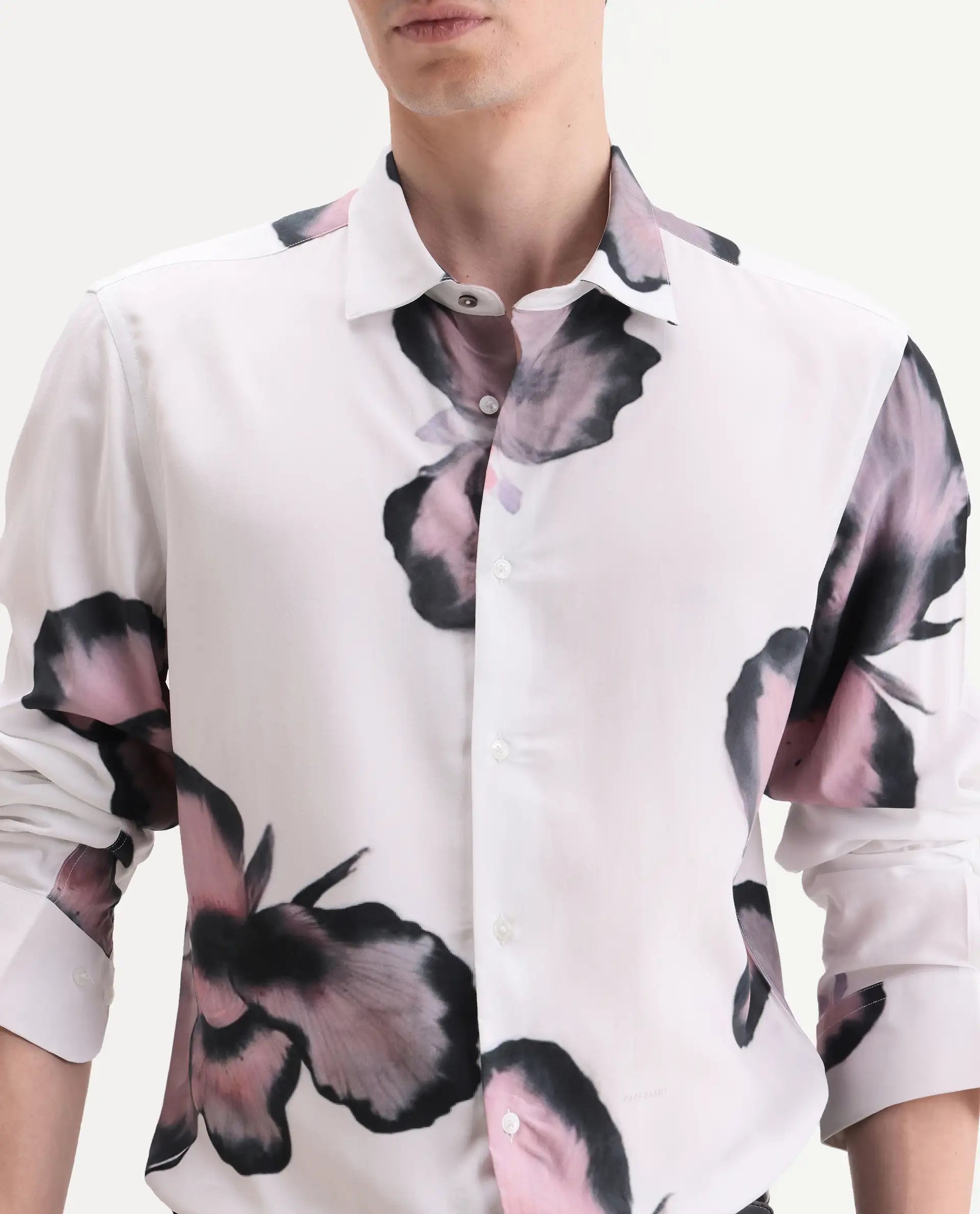Rare Rabbit Men's Nalar White Viscose Fabric Full Sleeve Regular Fit Floral Print Shirt