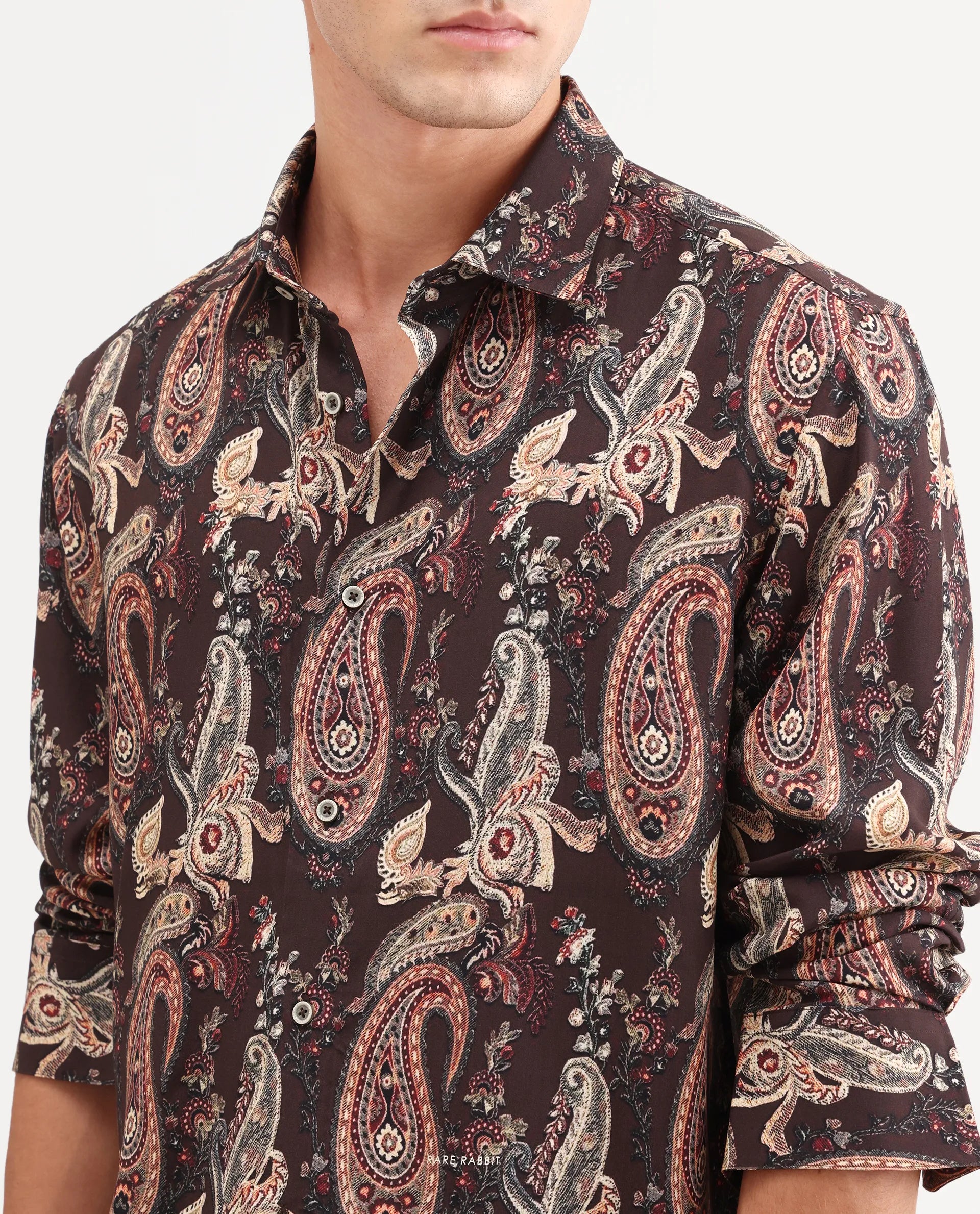 Rare Rabbit Men's Faye Dark Brown Viscose Fabric Full Sleeve Regular Fit Paisley Print Shirt