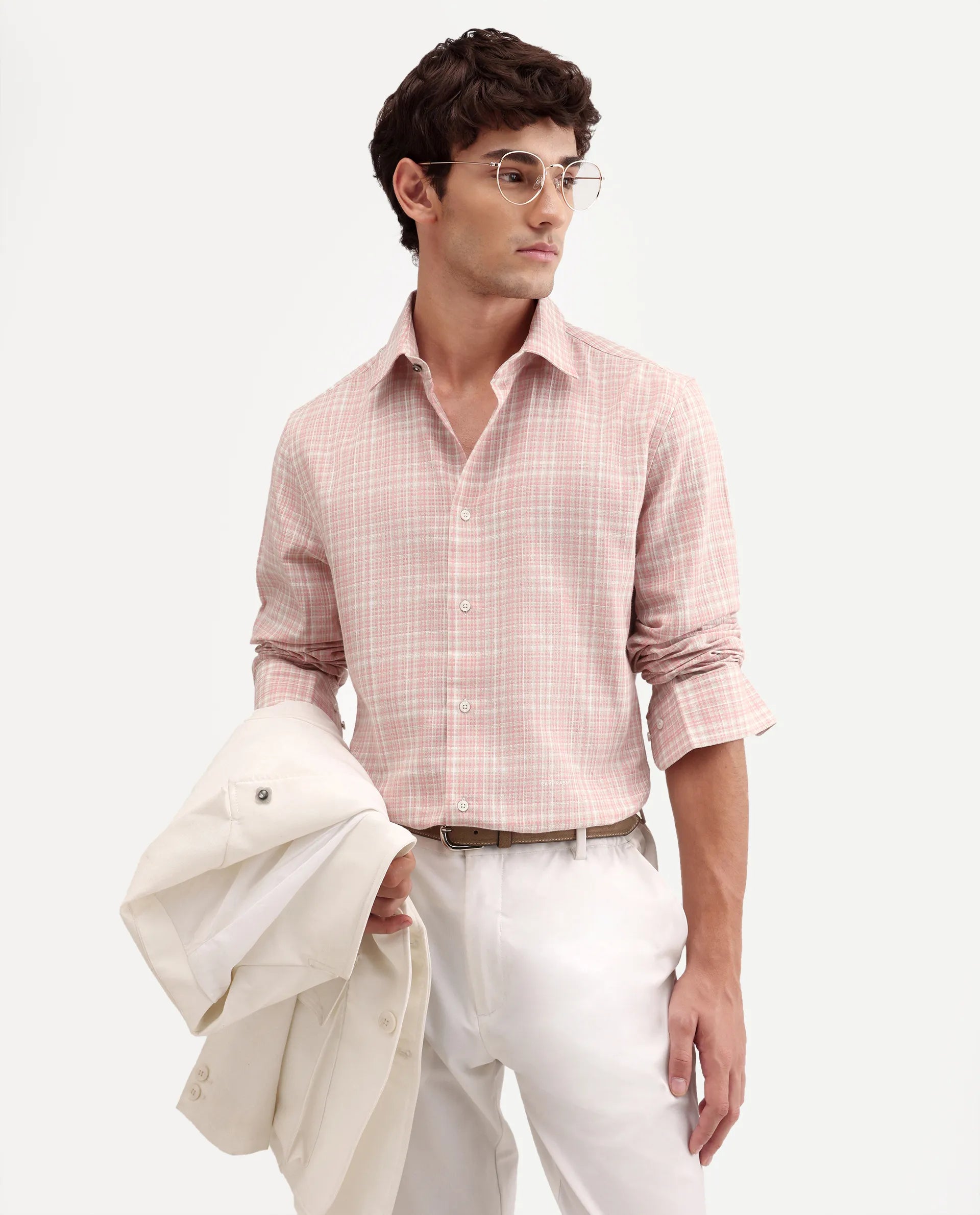 Rare Rabbit Men's Trale Light Pink Cotton Fabric Full Sleeve Regular Fit Checked Shirt
