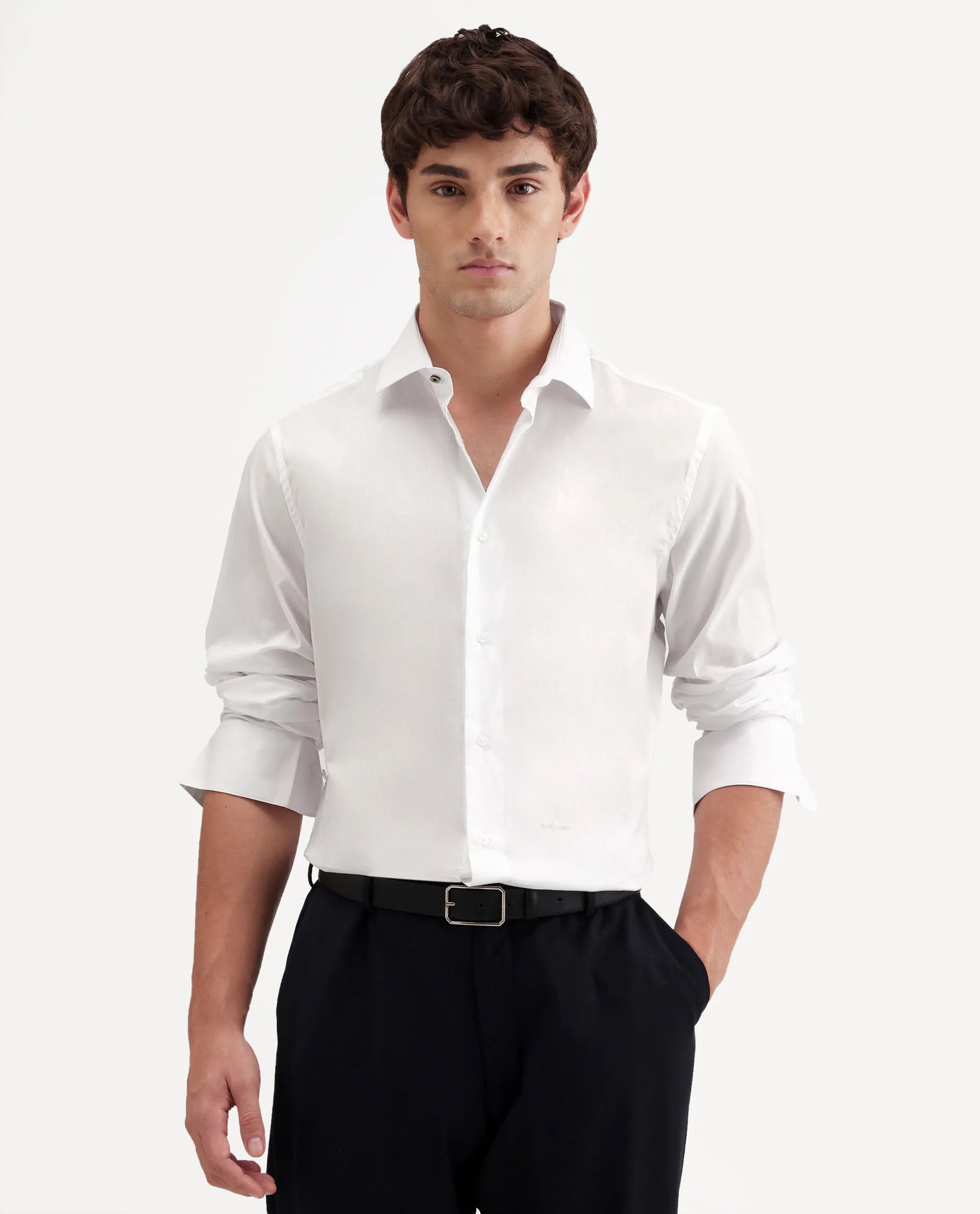Rare Rabbit Men's Antec White Cotton Blend Fabric Full Sleeve Regular Fit Plain Shirt