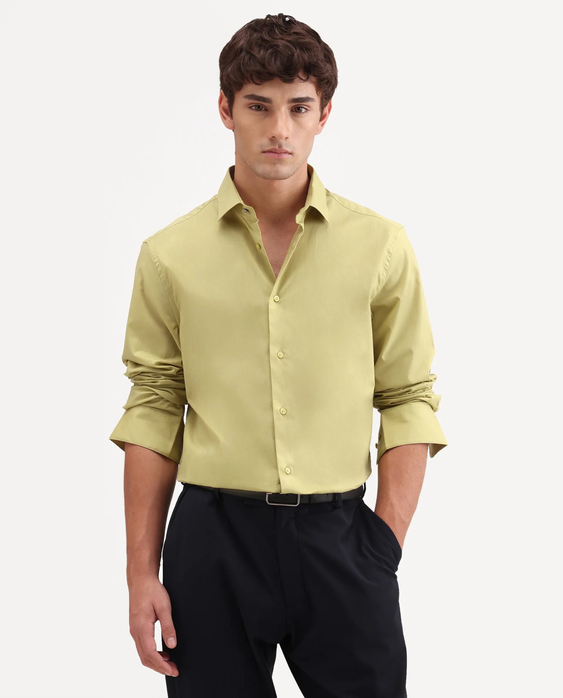 Rare Rabbit Men's Antec Yellow Cotton Blend Fabric Full Sleeve Regular Fit Plain Shirt