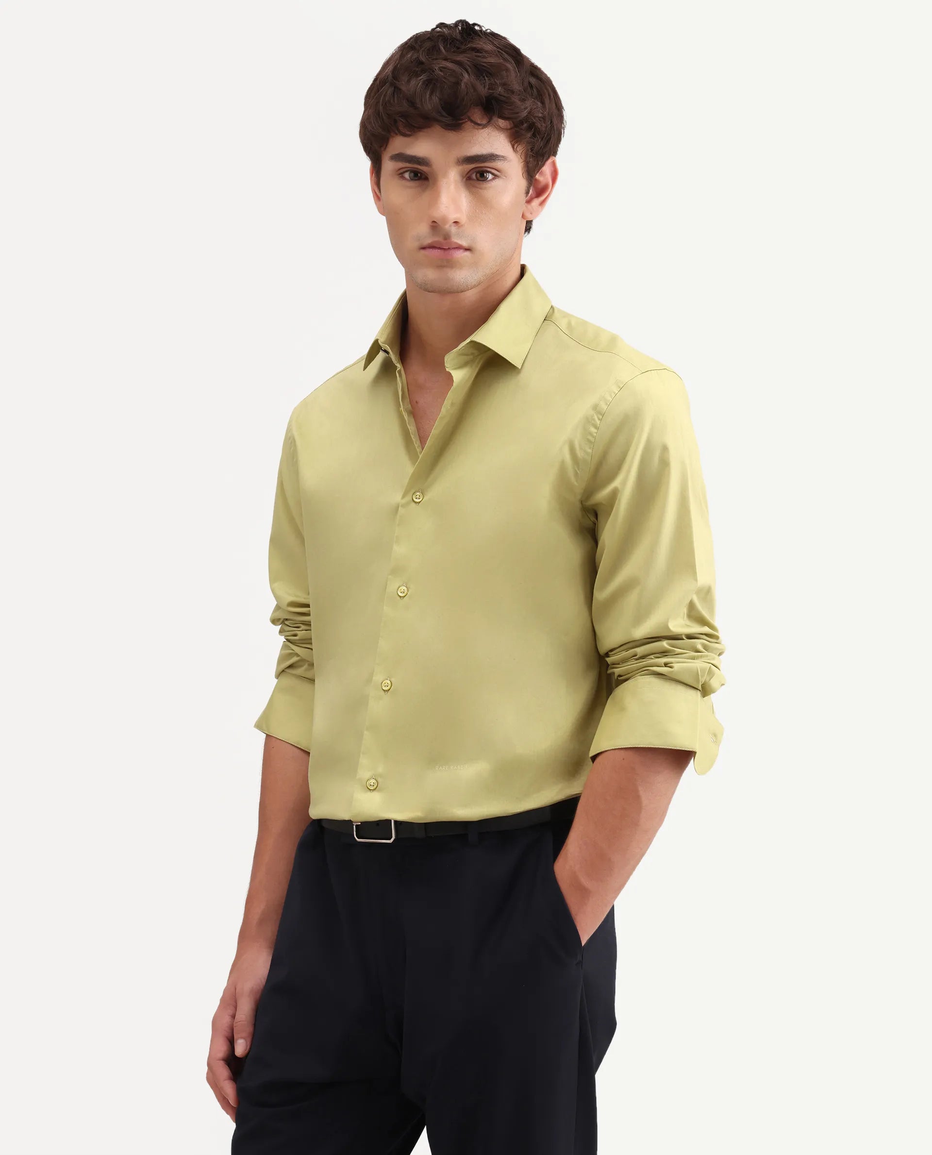 Rare Rabbit Men's Antec Yellow Cotton Blend Fabric Full Sleeve Regular Fit Plain Shirt