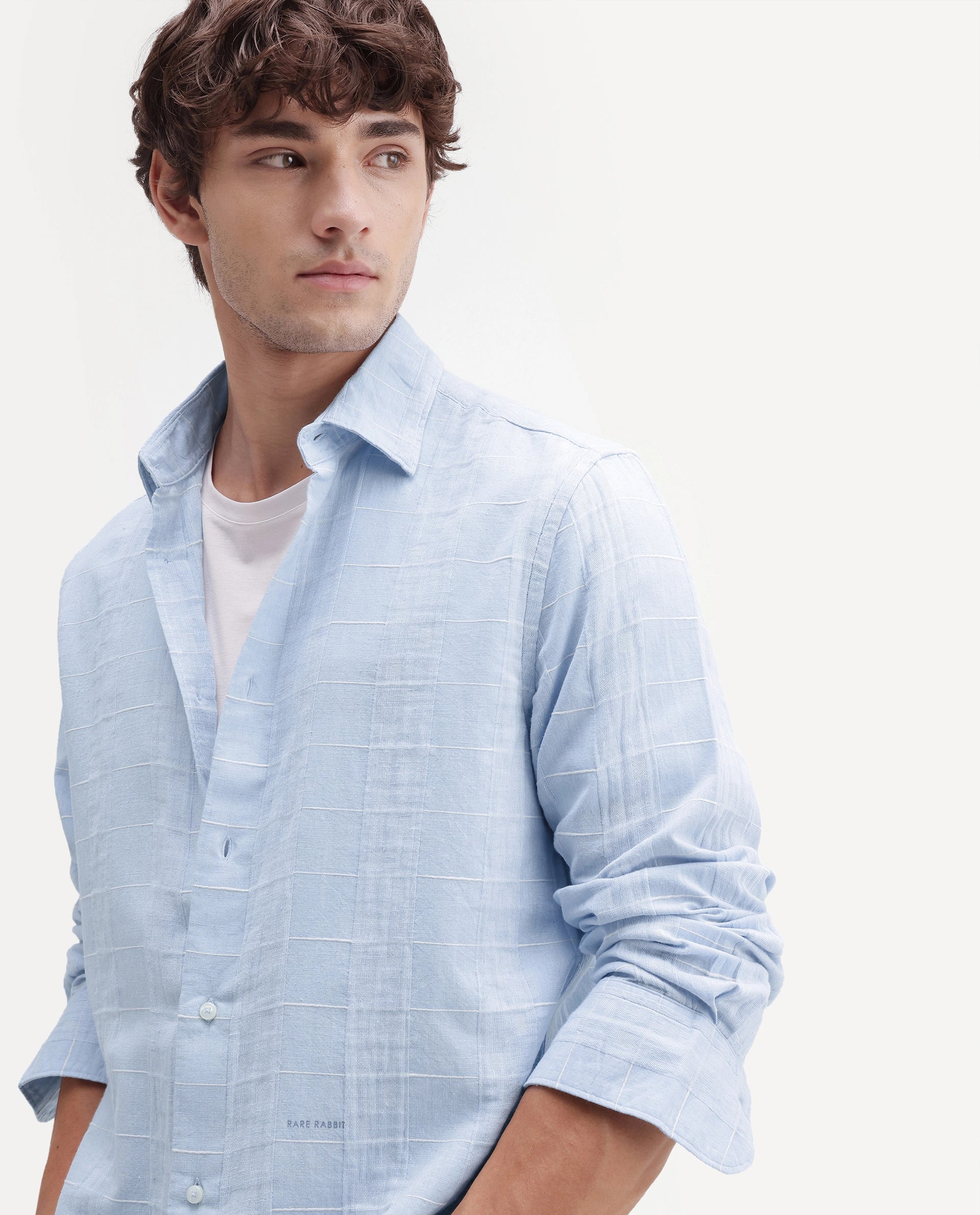 Rare Rabbit Men's Prads Light Blue Cotton Blend Fabric Full Sleeve Regular Fit Checked Shirt