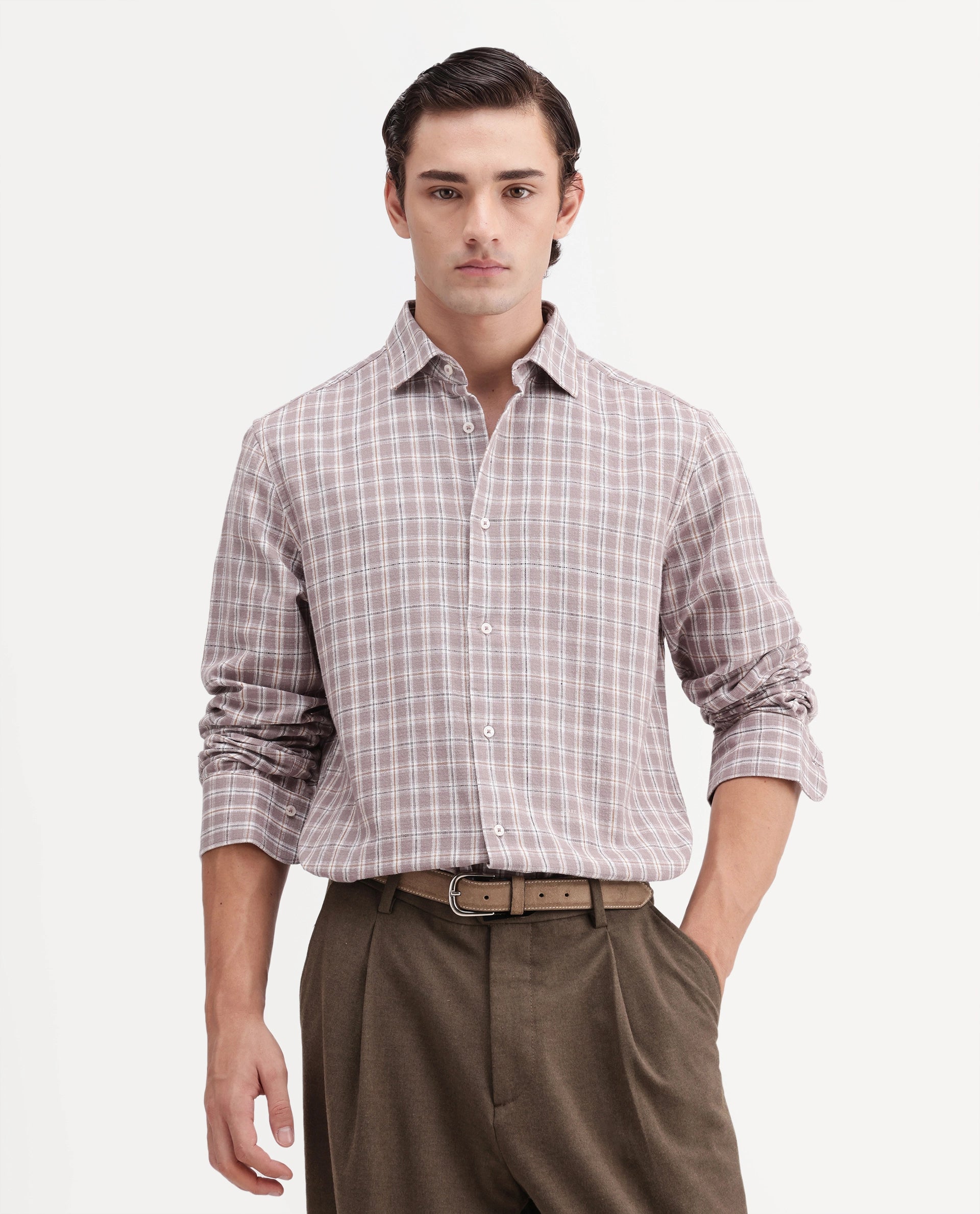 Rare Rabbit Men's Amor Dusky Purple Cotton Fabric Full Sleeve Regular Fit Checked Shirt