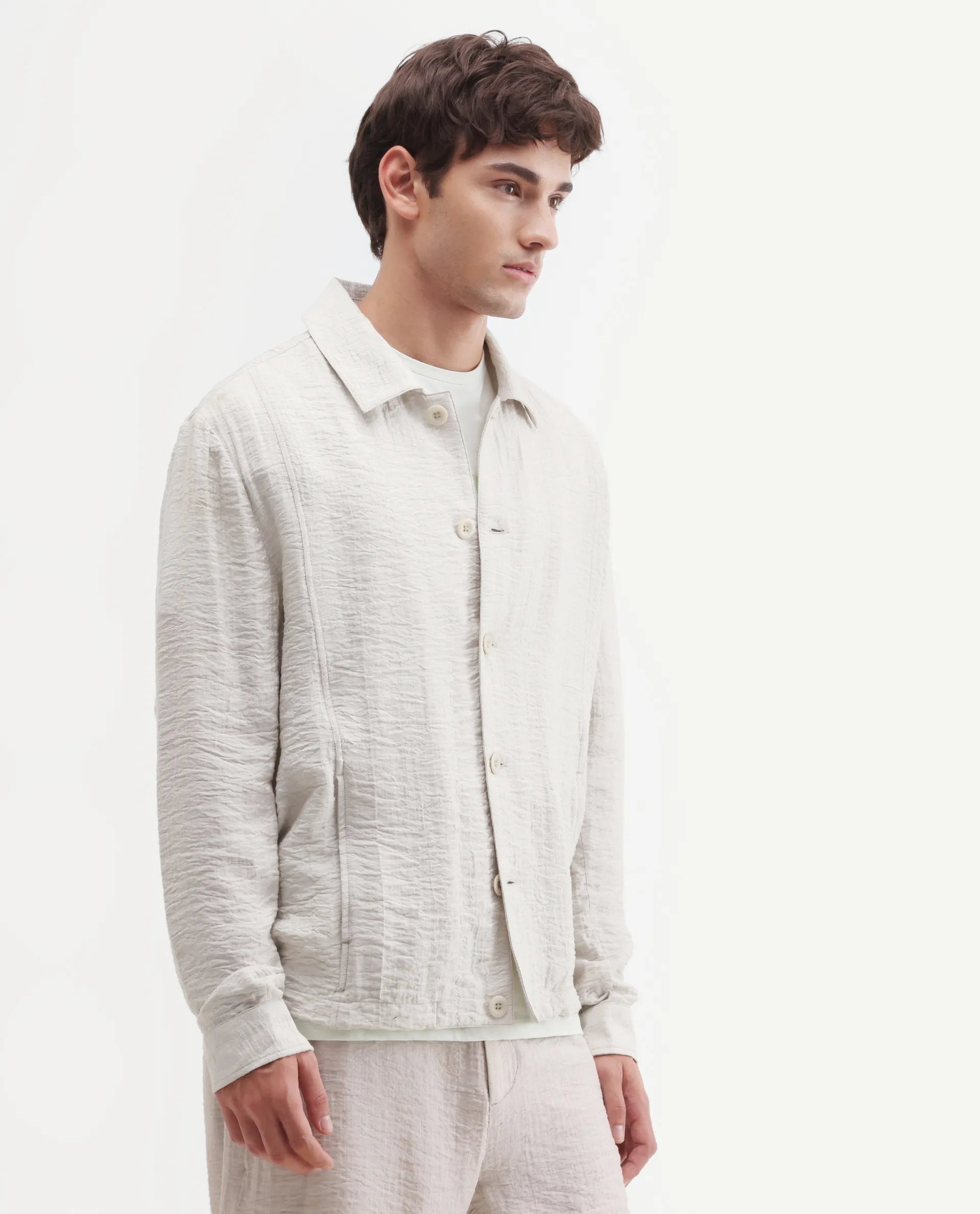 Rare Rabbit Men's Veon -J Off White Viscose Blend Fabric Full Sleeve Spread Collar Regular Fit Plain Shacket