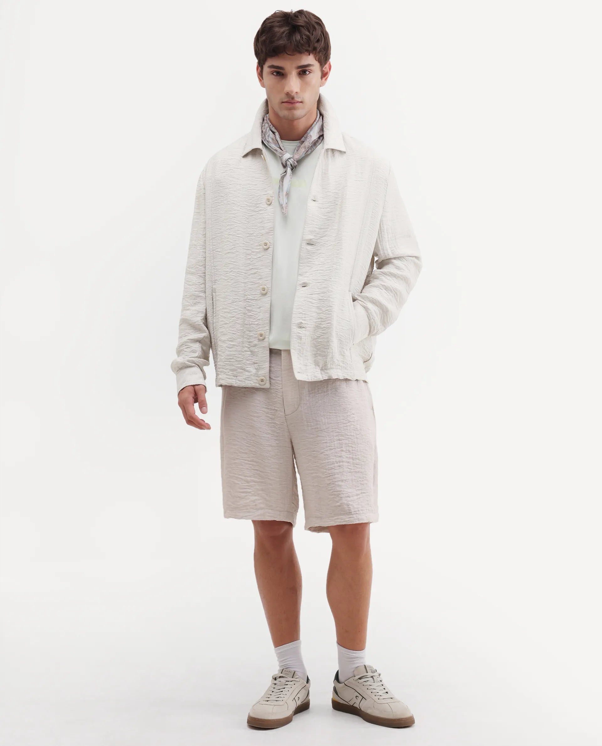 Rare Rabbit Men's Veon -J Off White Viscose Blend Fabric Full Sleeve Spread Collar Regular Fit Plain Shacket