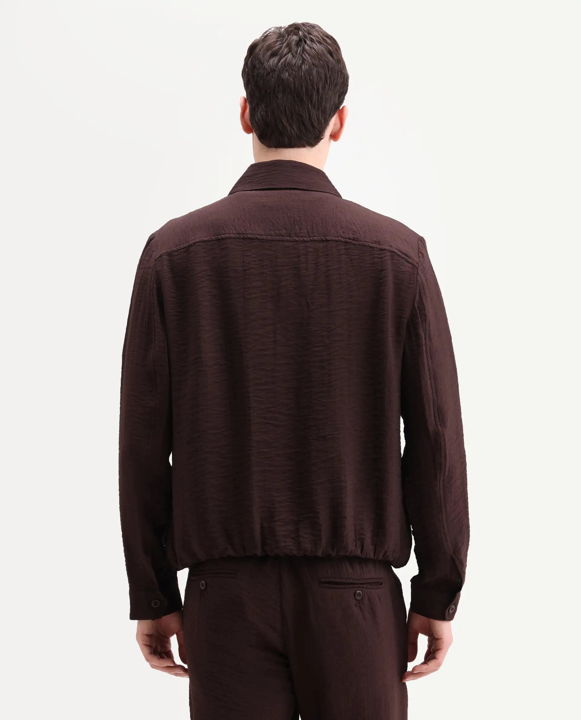 Rare Rabbit Men's Veon-J Dark Brown Viscose Blend Fabric Full Sleeve Spread Collar Regular Fit Plain Shacket