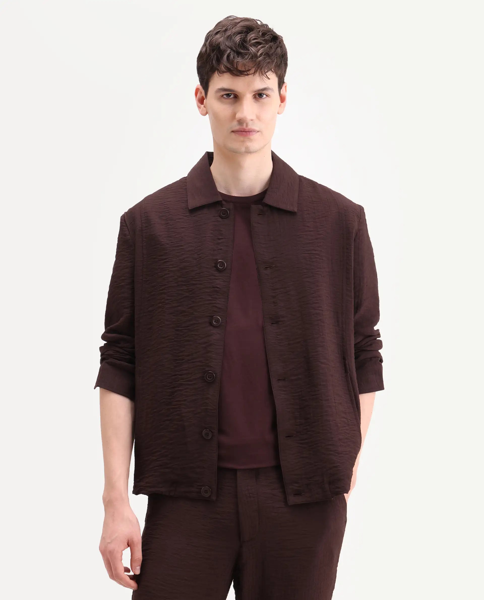 Rare Rabbit Men's Veon-J Dark Brown Viscose Blend Fabric Full Sleeve Spread Collar Regular Fit Plain Shacket