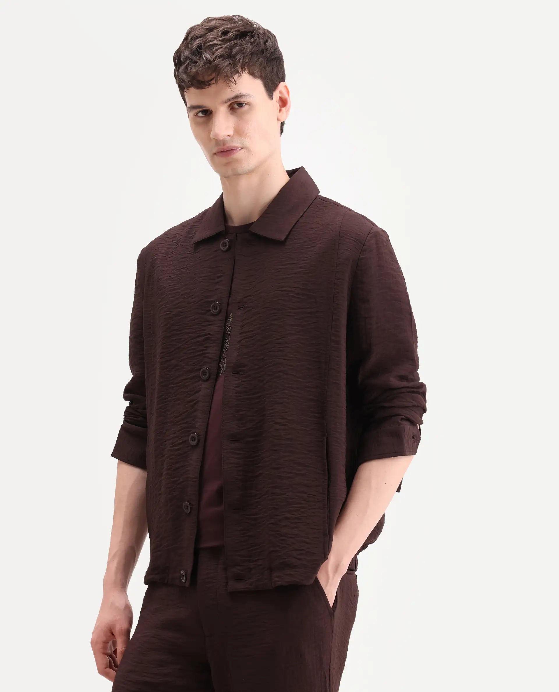 Rare Rabbit Men's Veon-J Dark Brown Viscose Blend Fabric Full Sleeve Spread Collar Regular Fit Plain Shacket