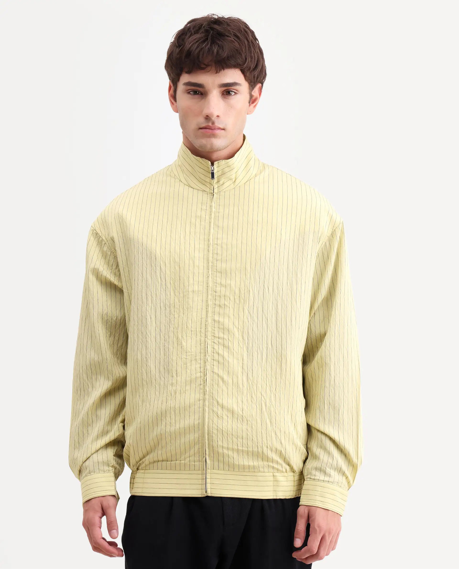 Rare Rabbit Men's Mivo Fluorescent Green Viscose Blend Fabric Full Sleeve High Neck Regular Fit Plain Shacket