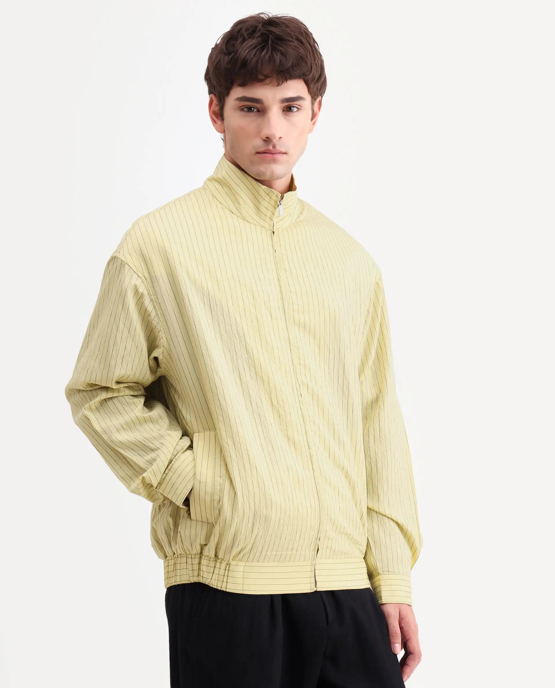 Rare Rabbit Men's Mivo Fluorescent Green Viscose Blend Fabric Full Sleeve High Neck Regular Fit Plain Shacket