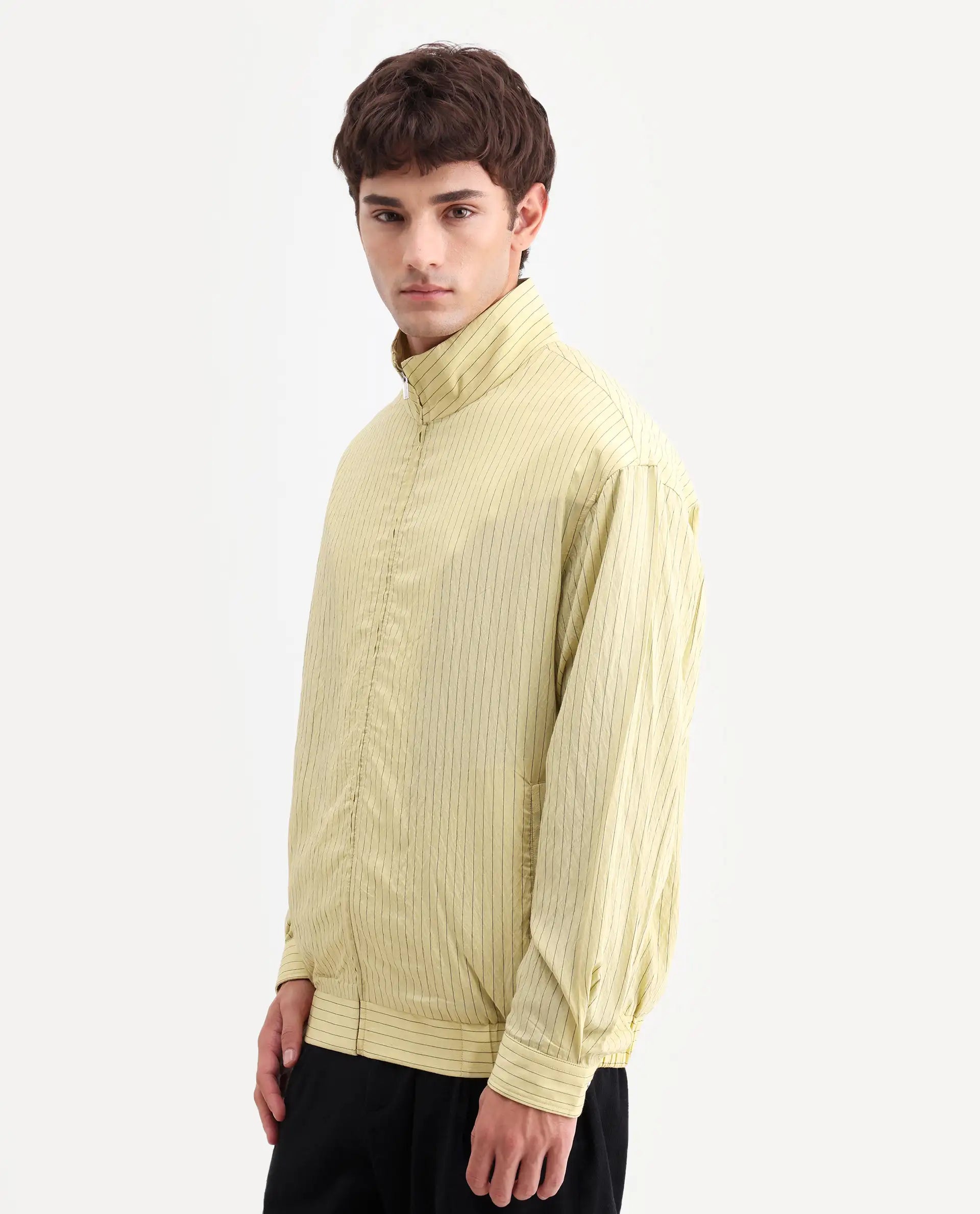 Rare Rabbit Men's Mivo Fluorescent Green Viscose Blend Fabric Full Sleeve High Neck Regular Fit Plain Shacket