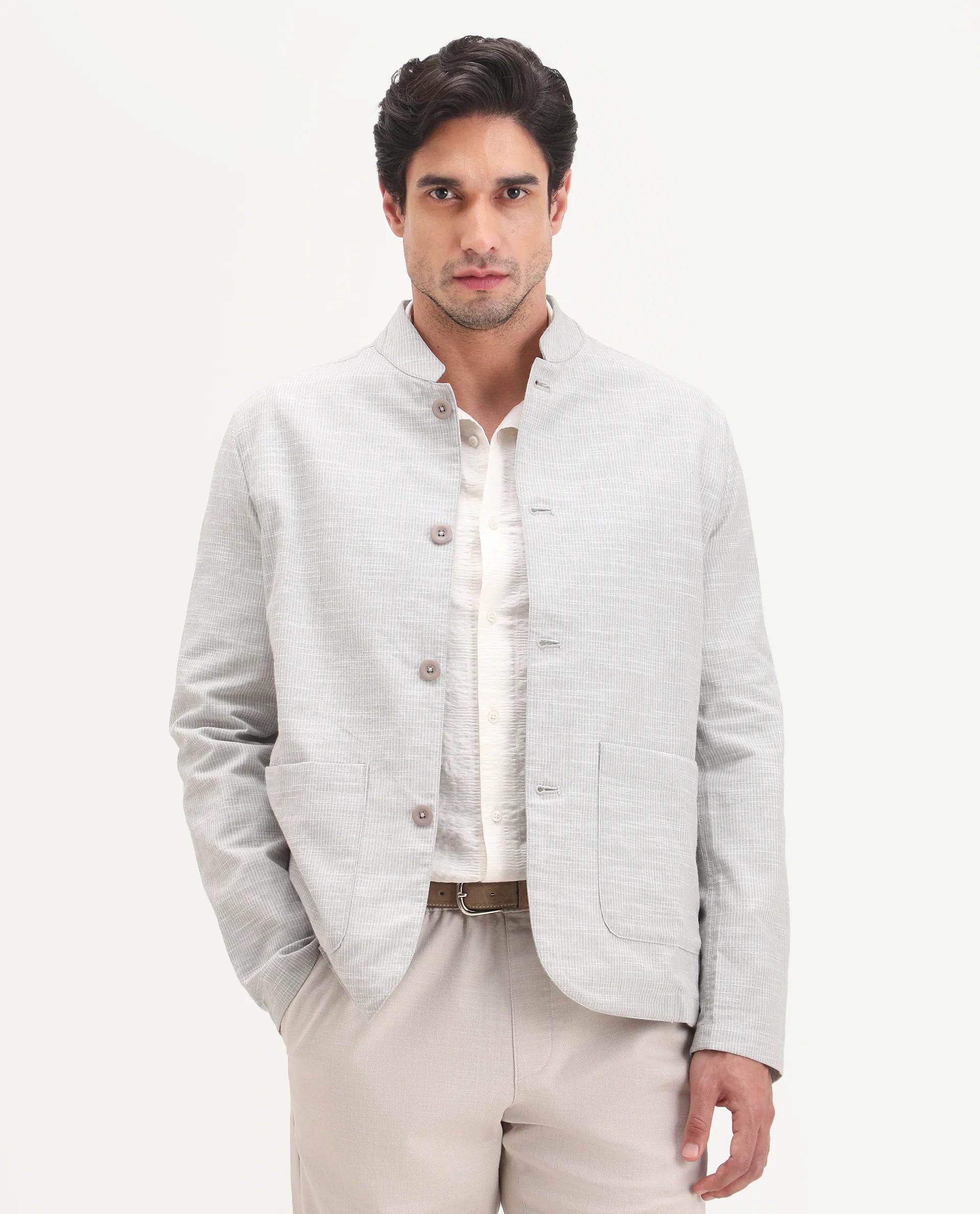 Rare Rabbit Men's Bira-J Light Grey Cotton Blend Fabric Full Sleeve Mandarin Collar Regular Fit Striped Shacket