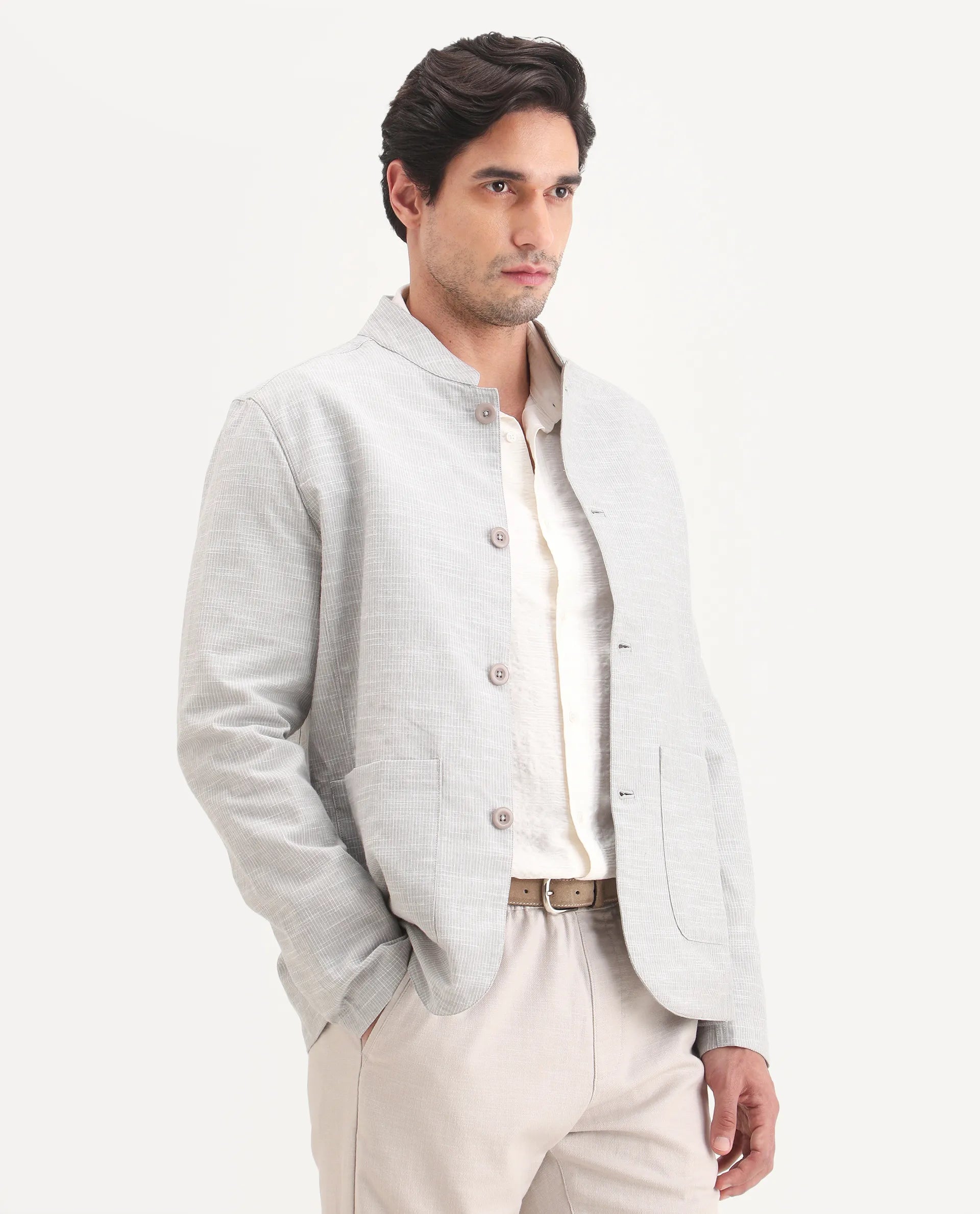 Rare Rabbit Men's Bira-J Light Grey Cotton Blend Fabric Full Sleeve Mandarin Collar Regular Fit Striped Shacket
