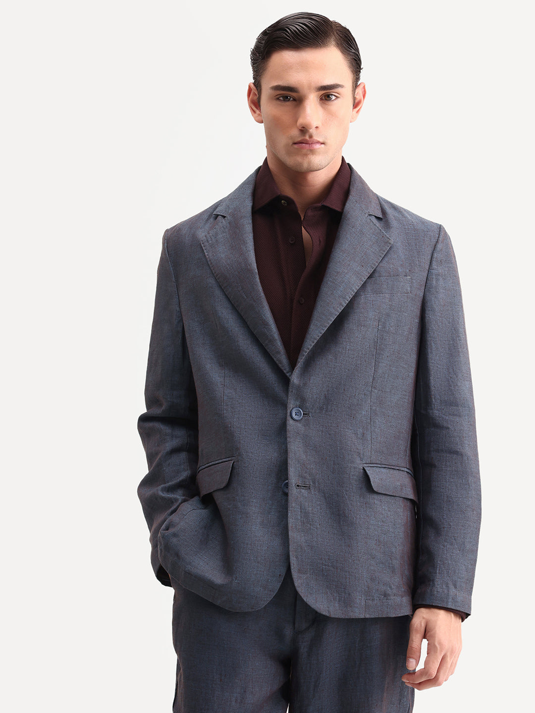 Rare Rabbit Men's Borium-Bl Dark Blue 100% Linen Fabric Full Sleeve Lapel Collar Regular Plain Blazer