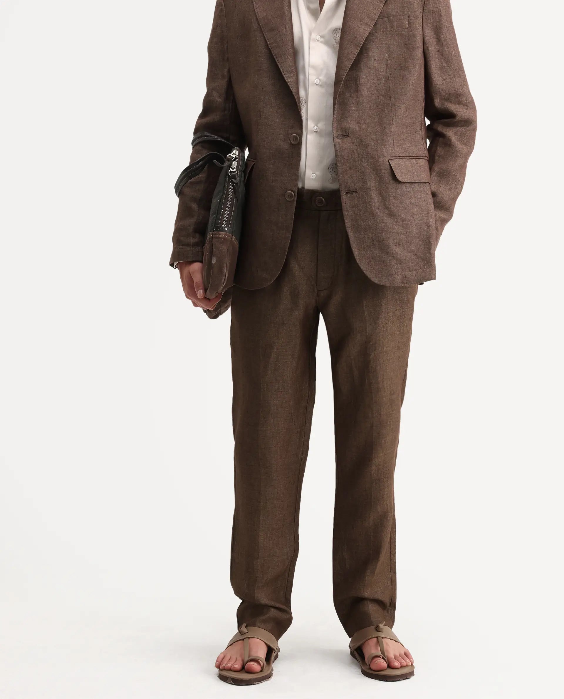 Rare Rabbit Men's Borium-T Brown Linen Fabric Regular Fit Plain Trouser