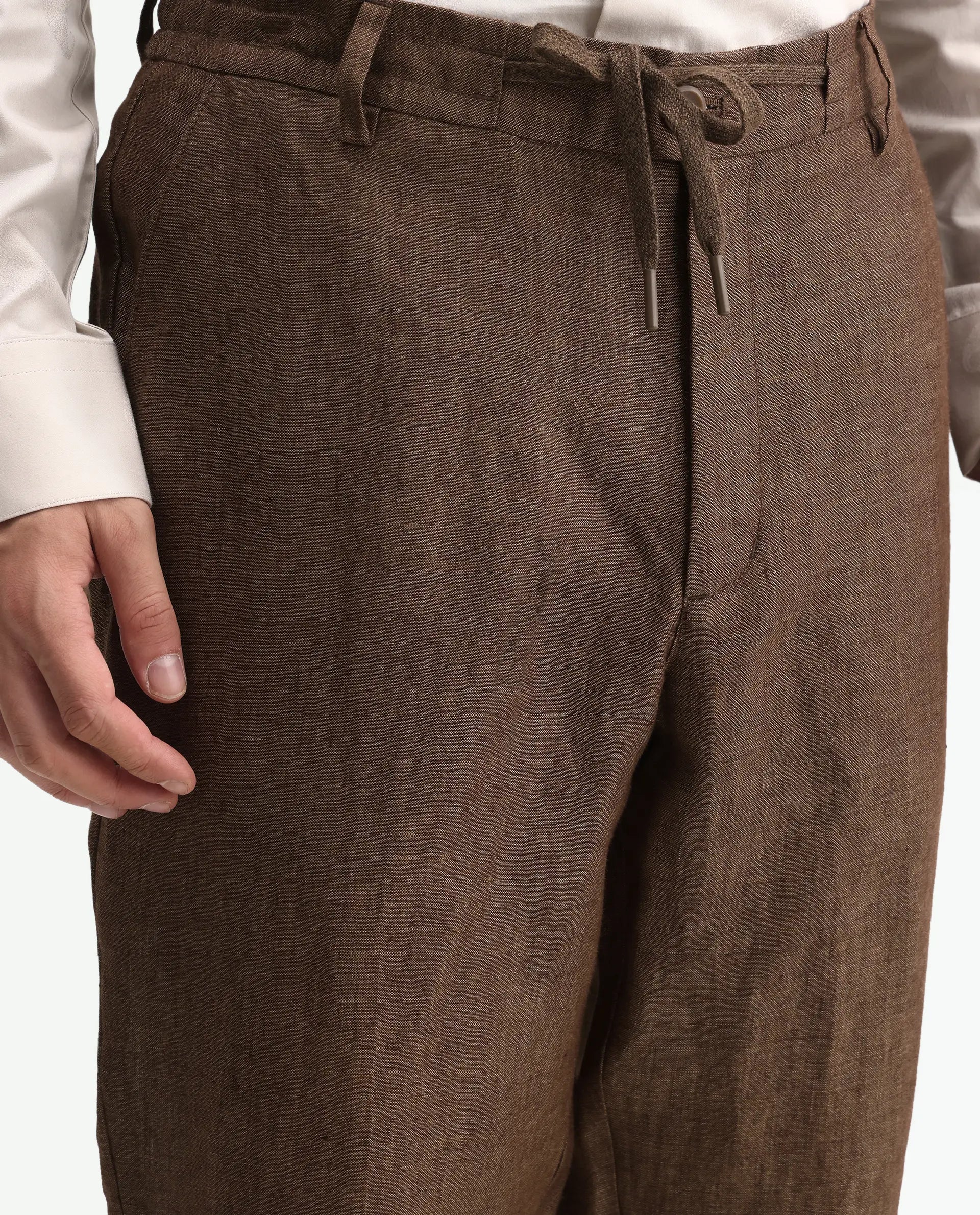 Rare Rabbit Men's Borium-T Brown Linen Fabric Regular Fit Plain Trouser