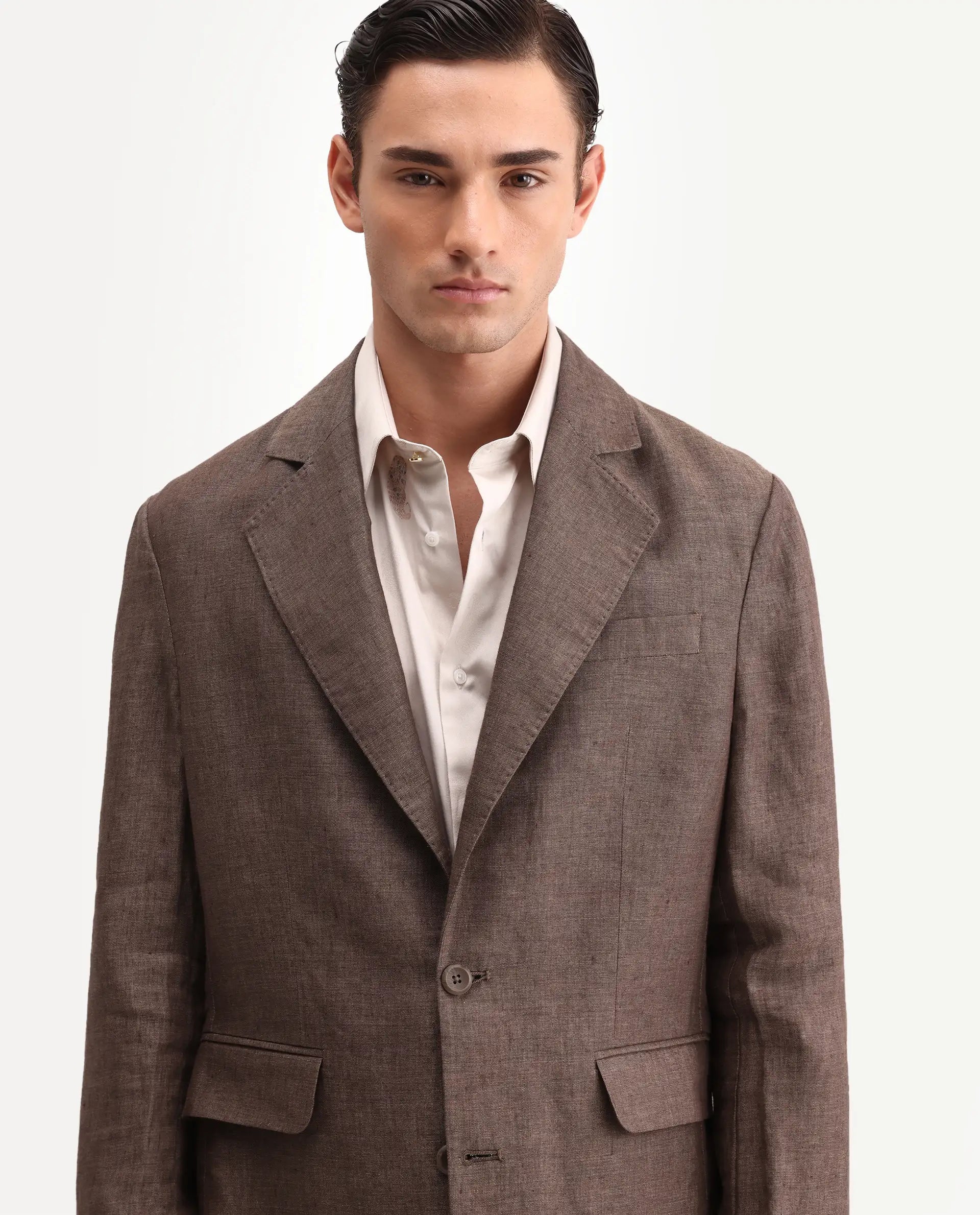 Rare Rabbit Men's Borium-Bl Brown 100% Linen Fabric Full Sleeve Lapel Collar Regular Plain Blazer