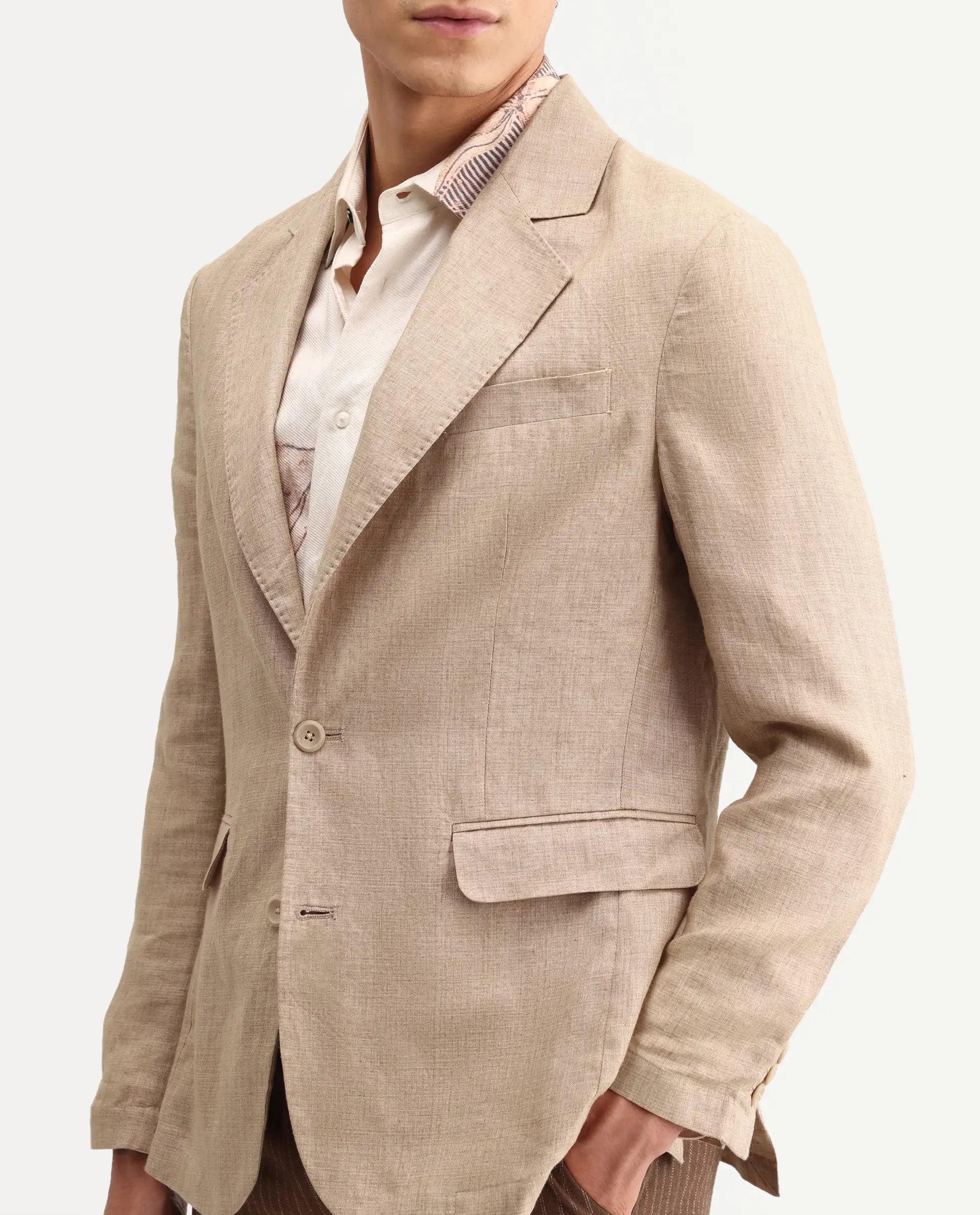 Rare Rabbit Men's Borium-Bl Beige 100% Linen Fabric Full Sleeve Lapel Collar Regular Plain Blazer