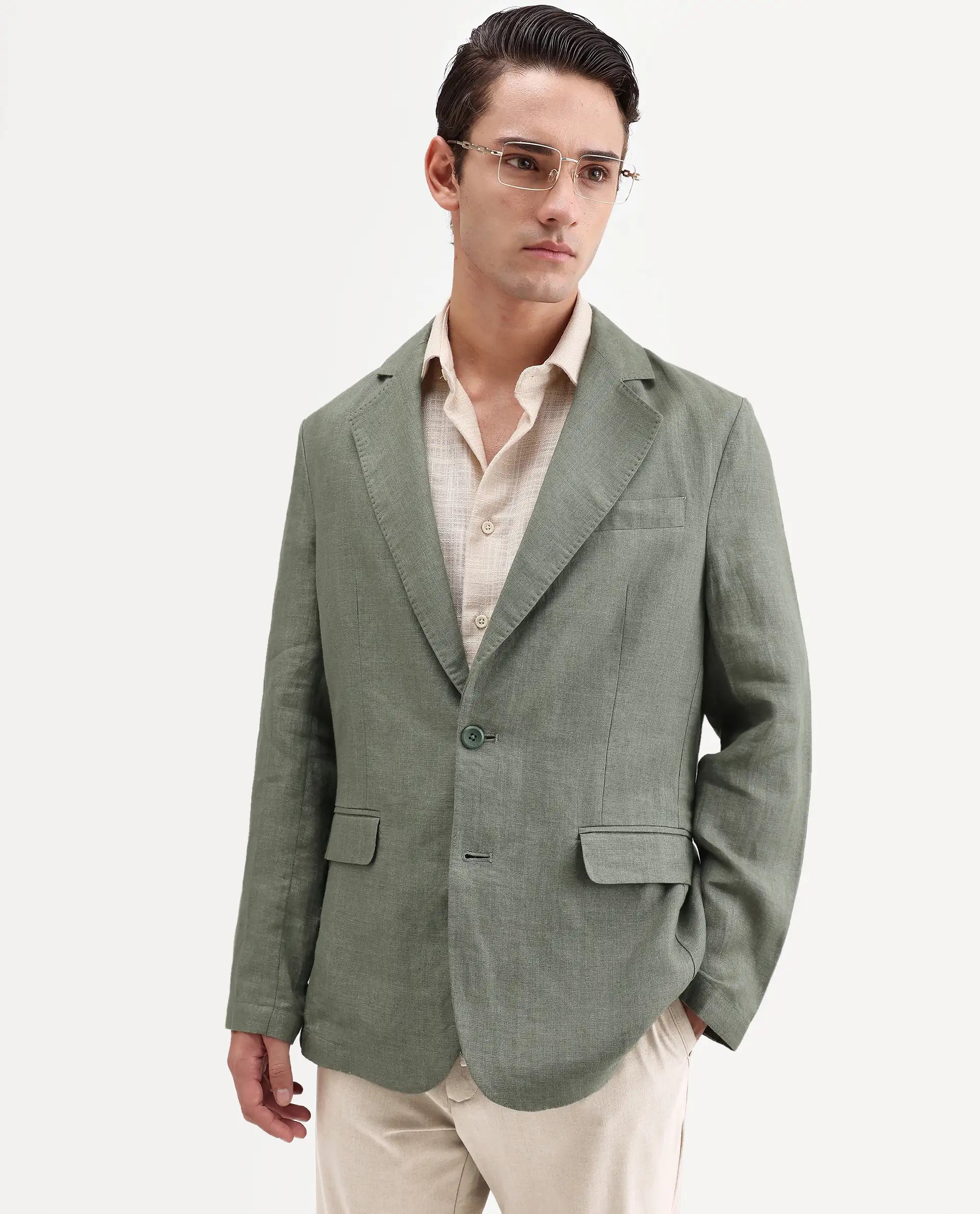 Rare Rabbit Men's Borium-Bl Dusky Green 100% Linen Fabric Full Sleeve Lapel Collar Regular Plain Blazer