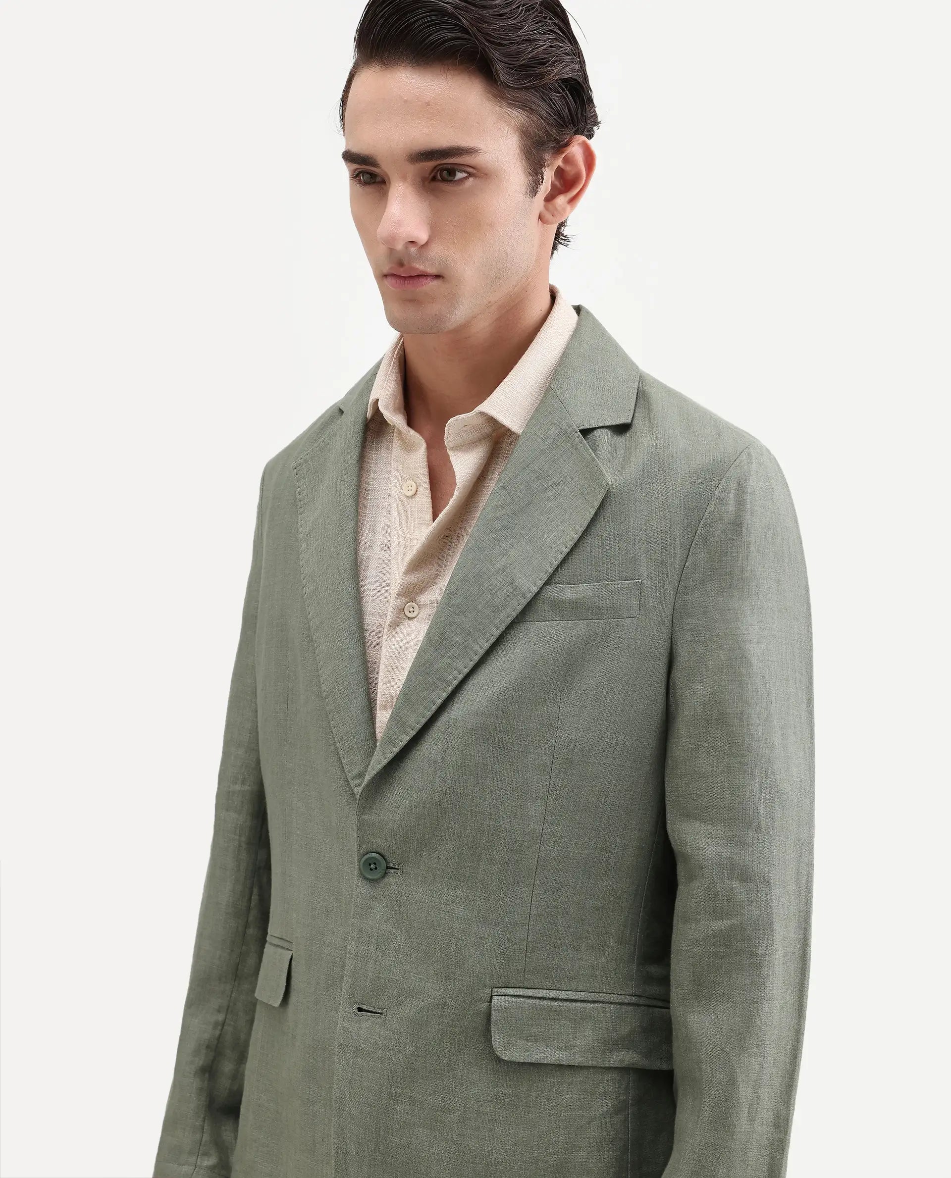Rare Rabbit Men's Borium-Bl Dusky Green 100% Linen Fabric Full Sleeve Lapel Collar Regular Plain Blazer