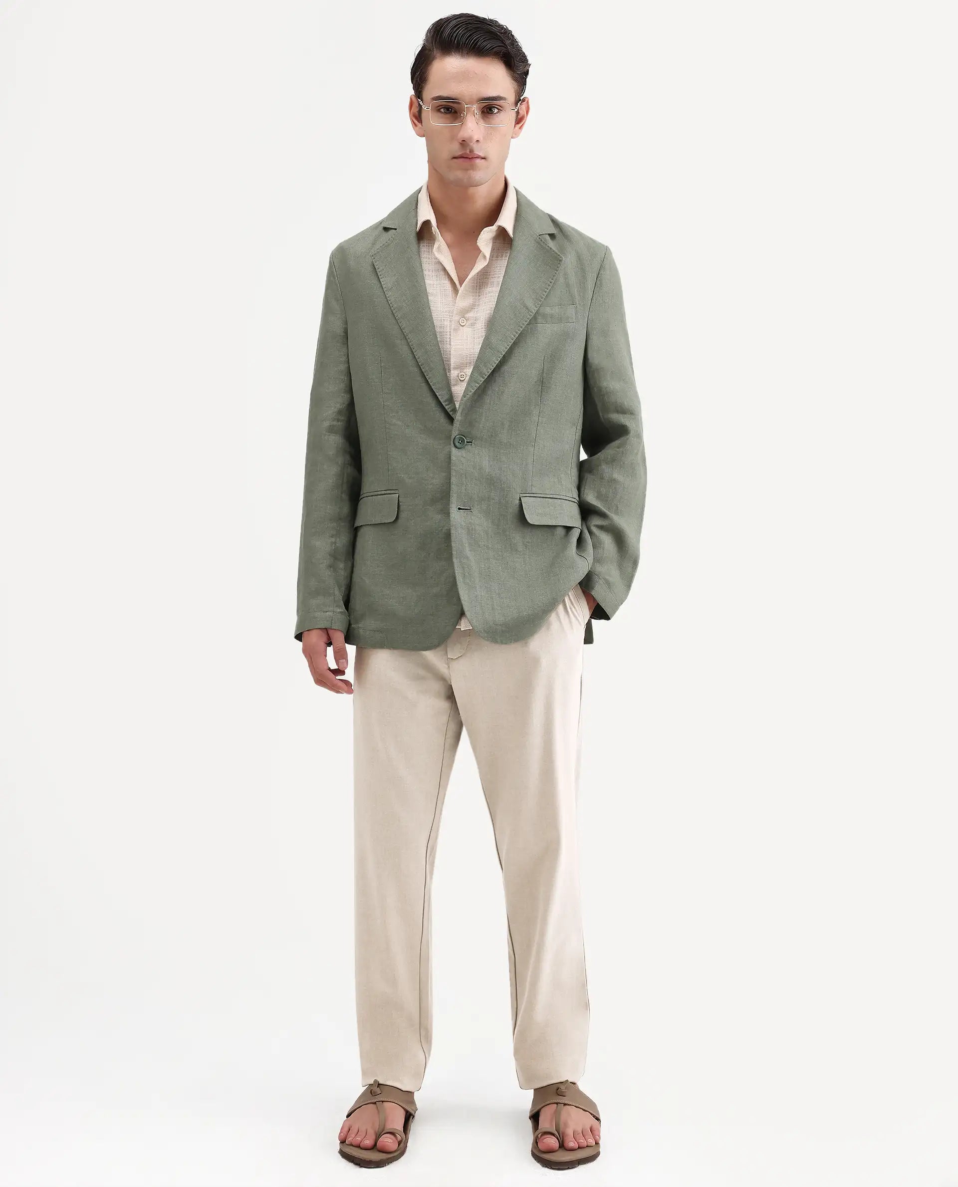 Rare Rabbit Men's Borium-Bl Dusky Green 100% Linen Fabric Full Sleeve Lapel Collar Regular Plain Blazer