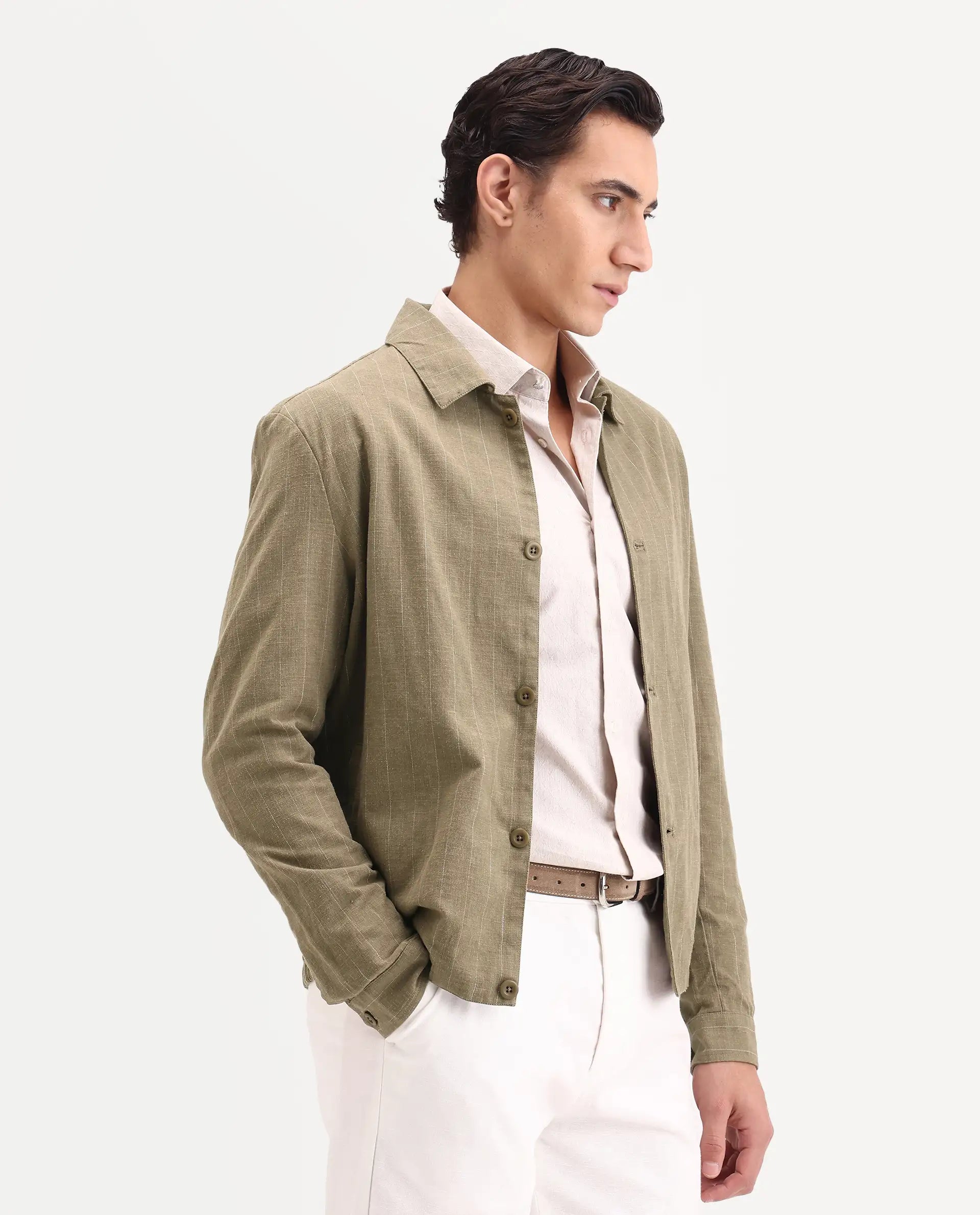 Rare Rabbit Men's Jlo-S-26 Khaki Linen Blend Fabric Full Sleeve Collar Regular Fit Striped Shacket