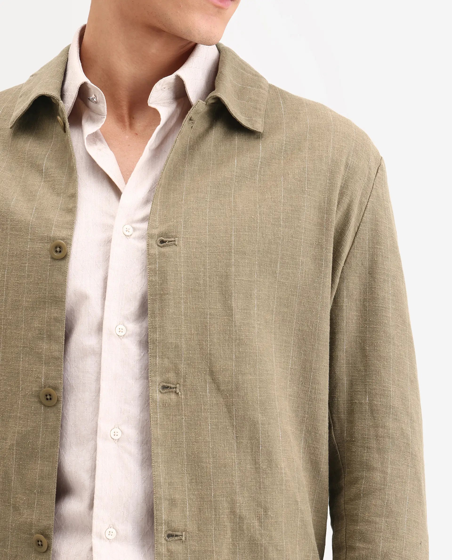 Rare Rabbit Men's Jlo-S-26 Khaki Linen Blend Fabric Full Sleeve Collar Regular Fit Striped Shacket