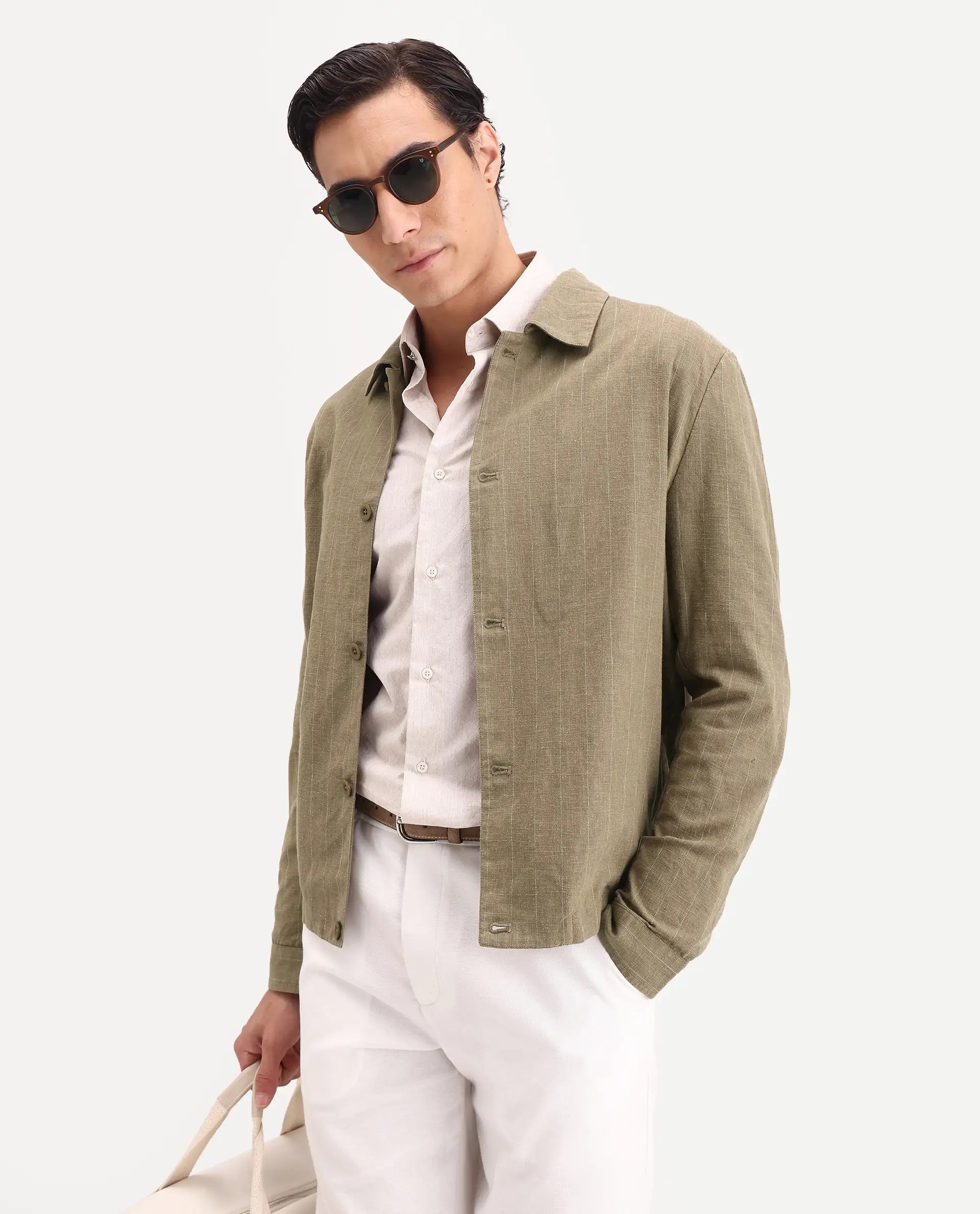 Rare Rabbit Men's Jlo-S-26 Khaki Linen Blend Fabric Full Sleeve Collar Regular Fit Striped Shacket