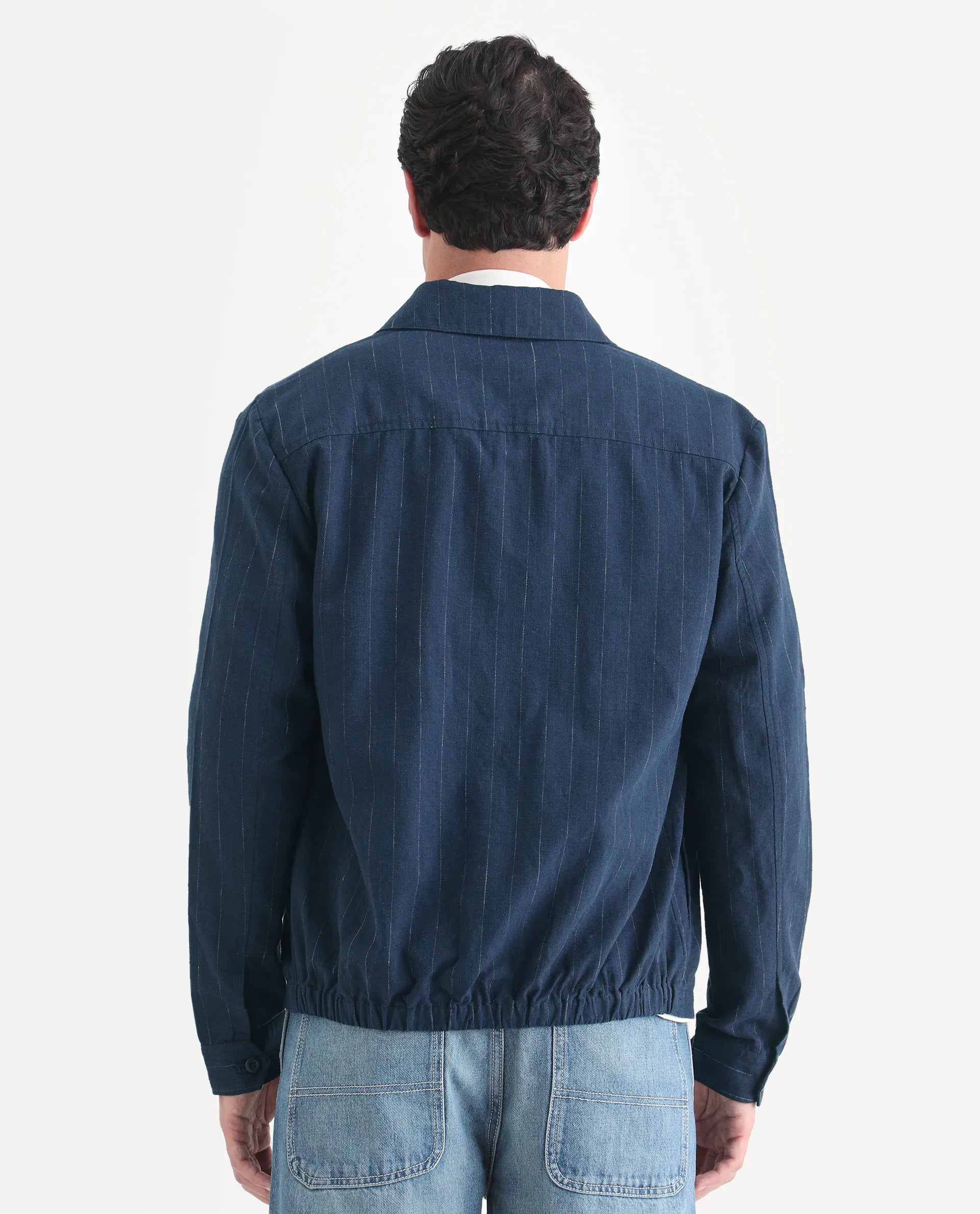 Rare Rabbit Men's Jlo-S-26 Navy Linen Blend Fabric Full Sleeve Collar Regular Fit Striped Shacket