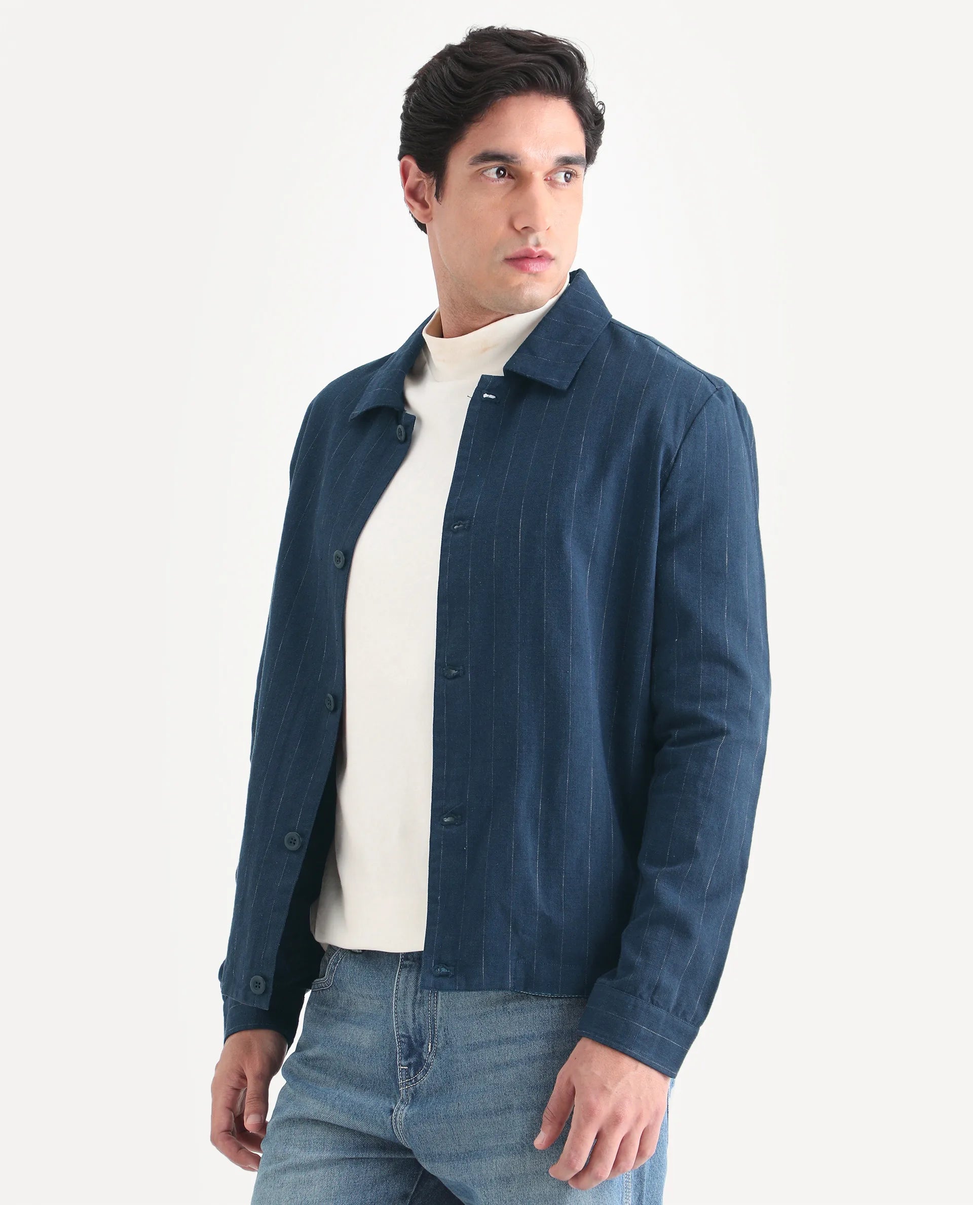 Rare Rabbit Men's Jlo-S-26 Navy Linen Blend Fabric Full Sleeve Collar Regular Fit Striped Shacket