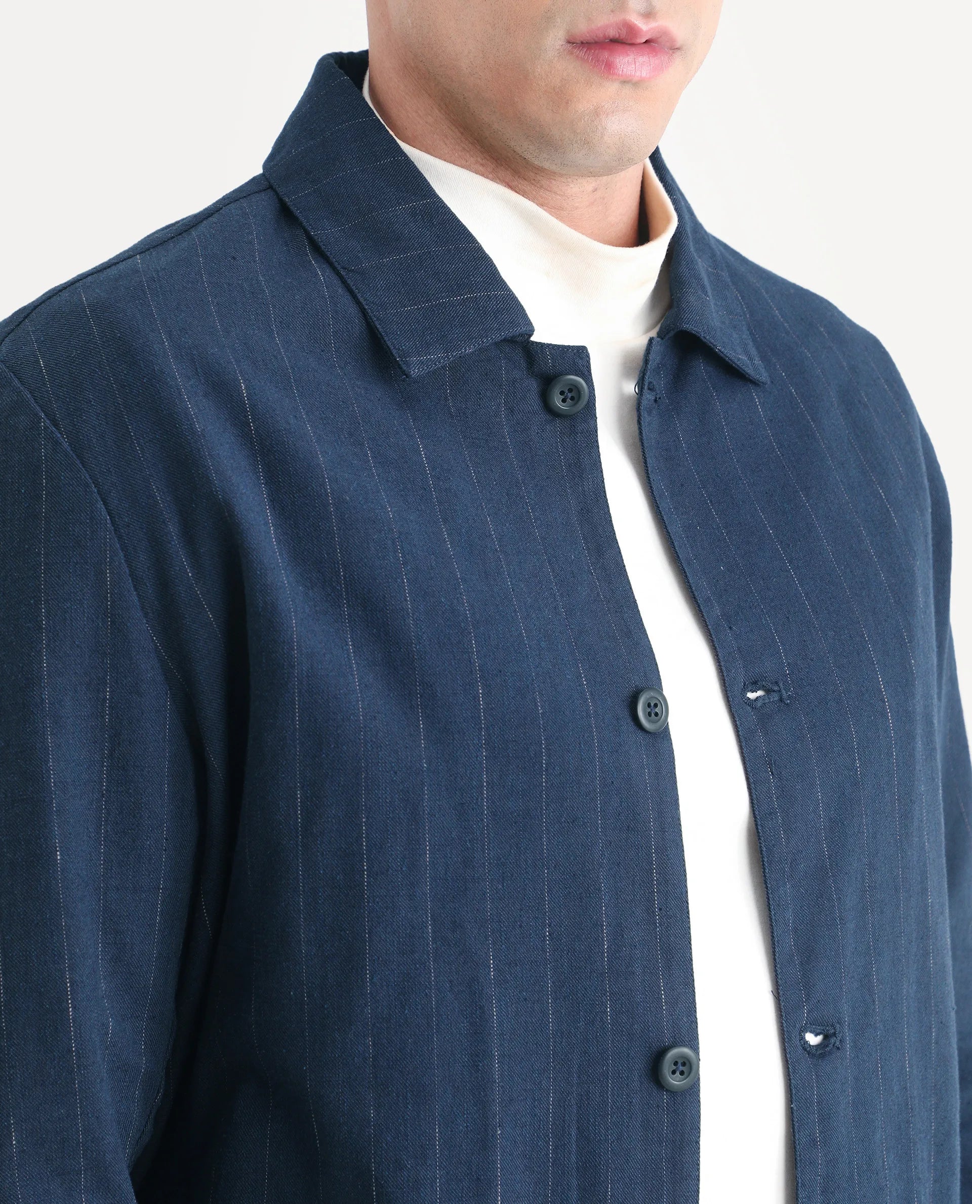 Rare Rabbit Men's Jlo-S-26 Navy Linen Blend Fabric Full Sleeve Collar Regular Fit Striped Shacket