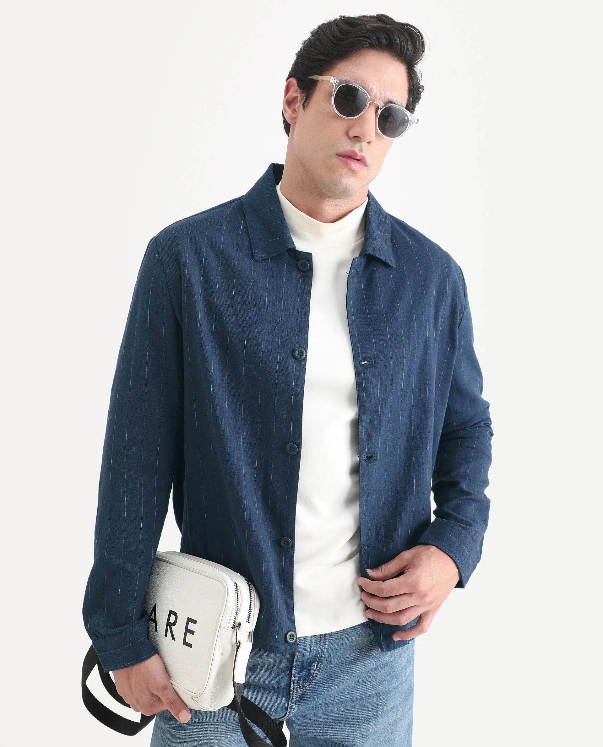 Rare Rabbit Men's Jlo-S-26 Navy Linen Blend Fabric Full Sleeve Collar Regular Fit Striped Shacket