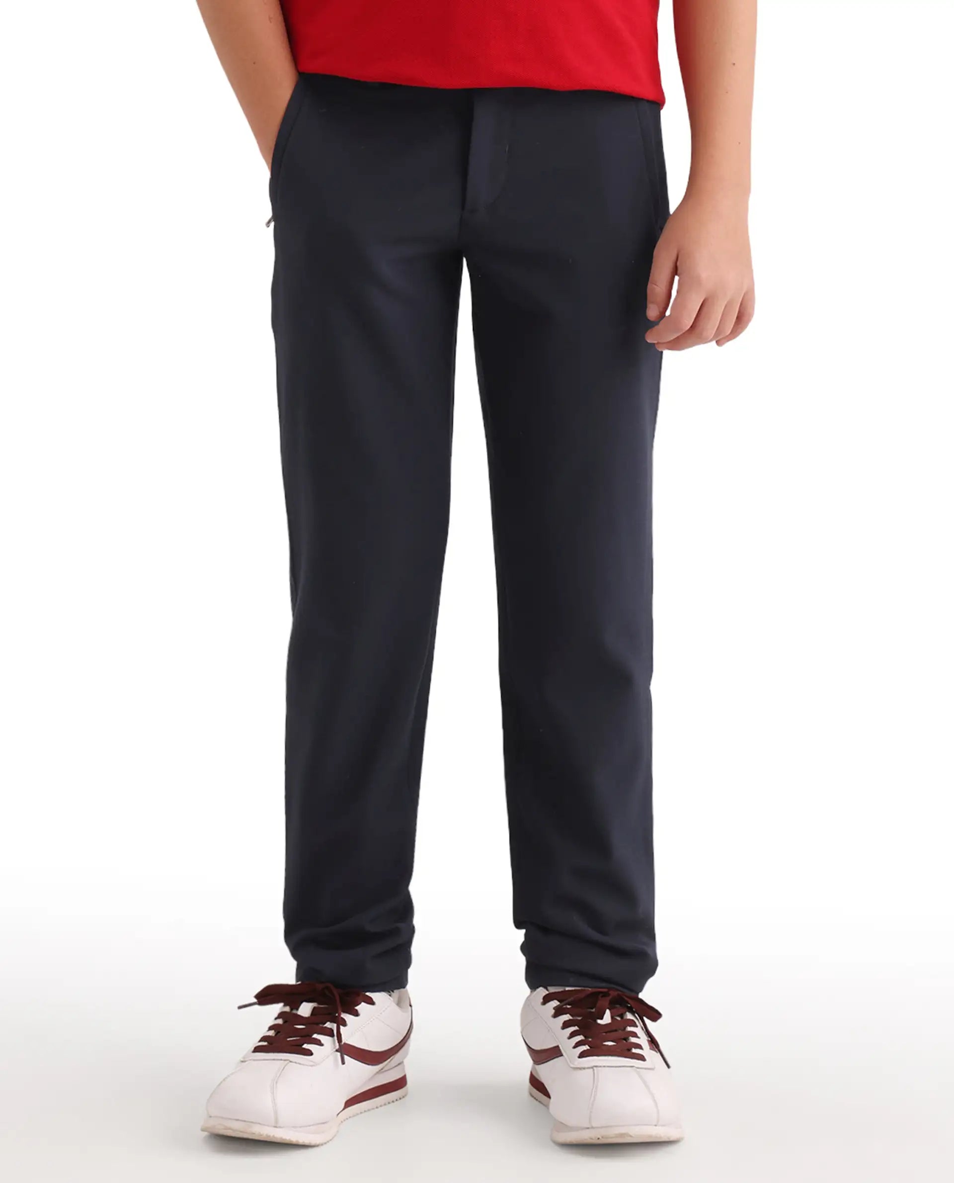 Rare Ones Kids Trove-26 Navy Polyester Blend Button And Zipper Closure Slim Fit Trouser